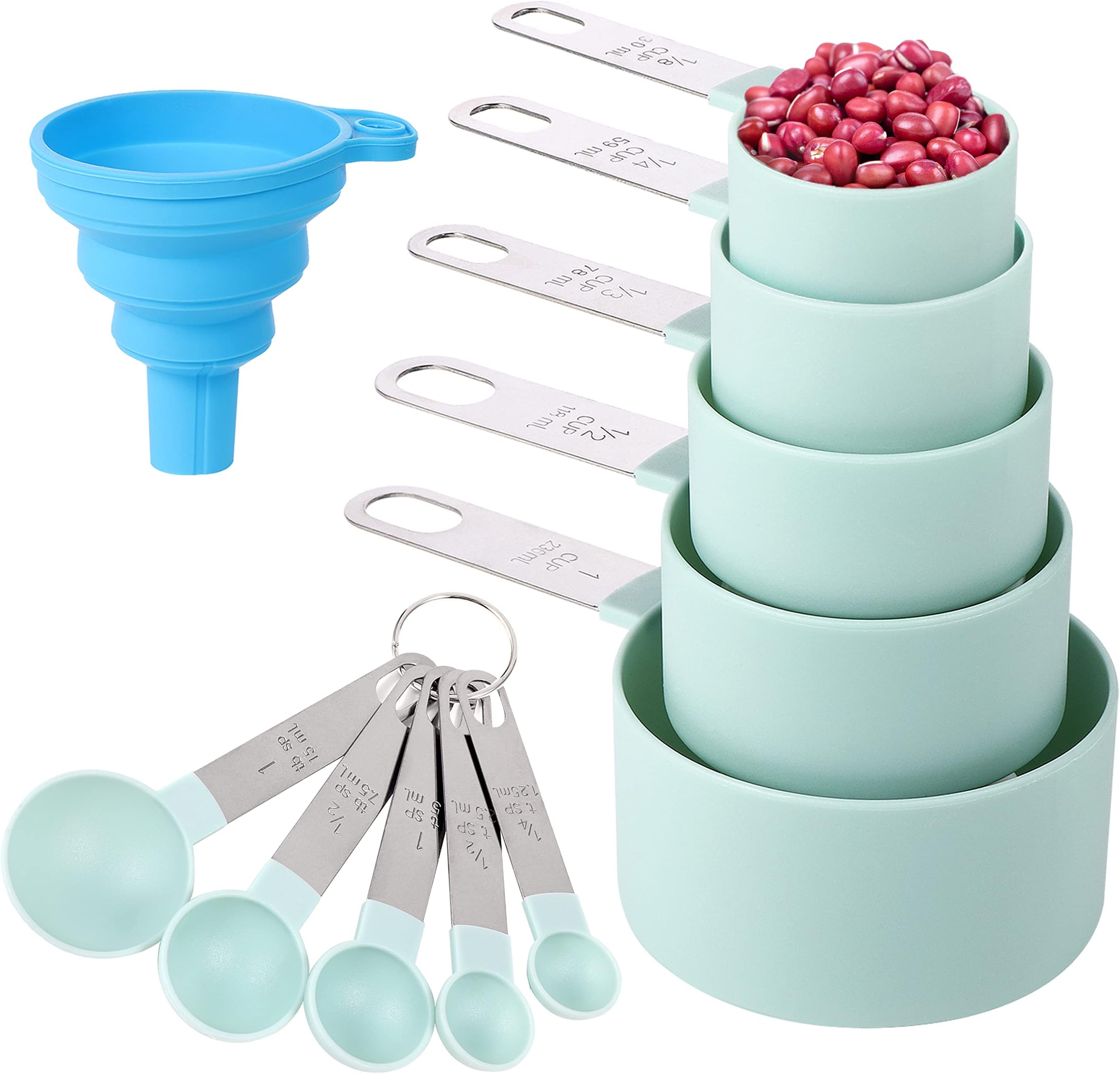 10-piece Set of Measuring Cups and Spoons, Nested Measuring Cups with Stainless Steel Handle, Suitable for Dry and Liquid Ingredients (Lake Blue)