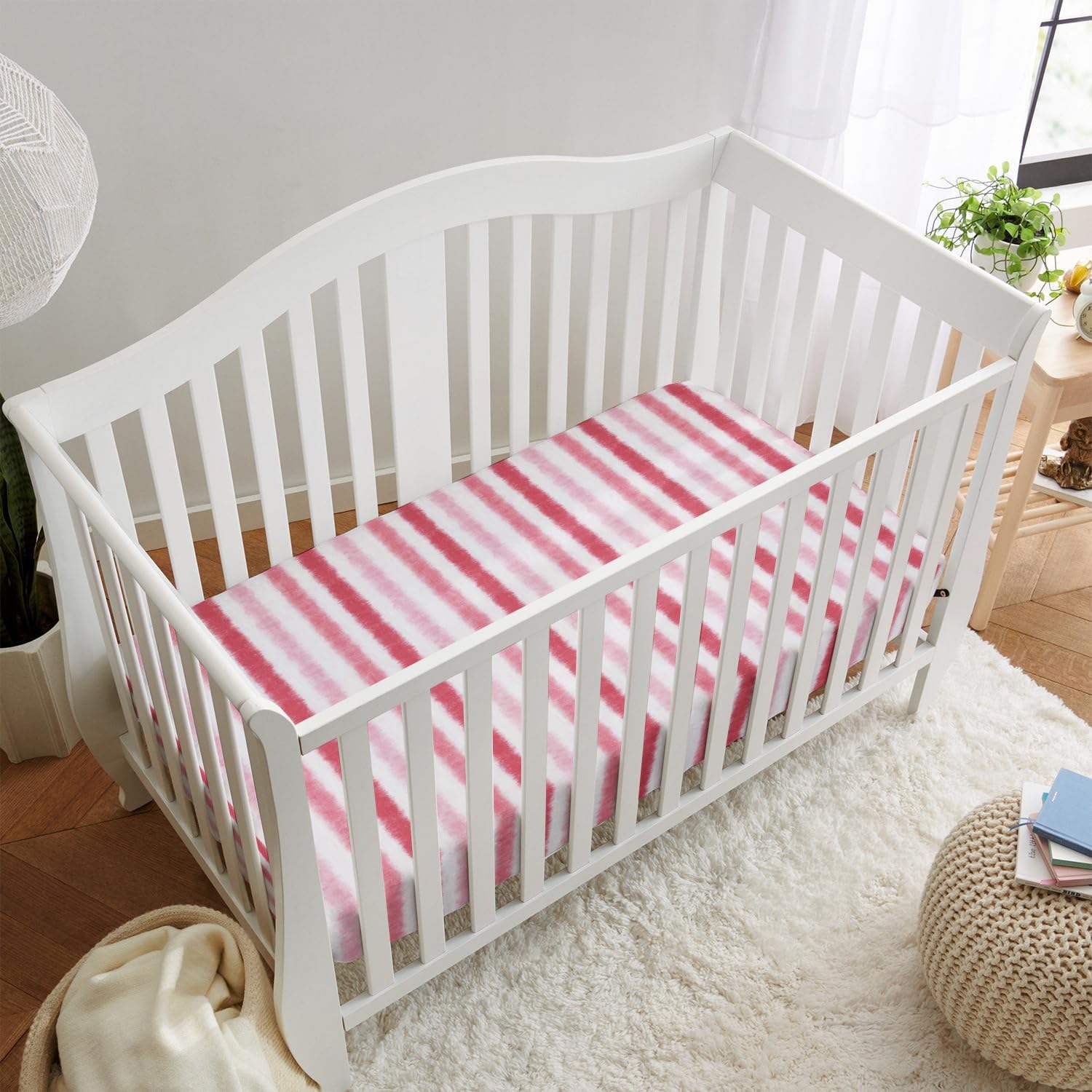 Horaldaily 2 Pack Fitted Crib Sheet for Boys Girls,Soft Breathable Washable Jersey Microfiber Baby Crib Sheet, Fits Standard Size Crib Mattress 28in x 52in, Stripes Wave Point Nursery Sheet Pink/Red