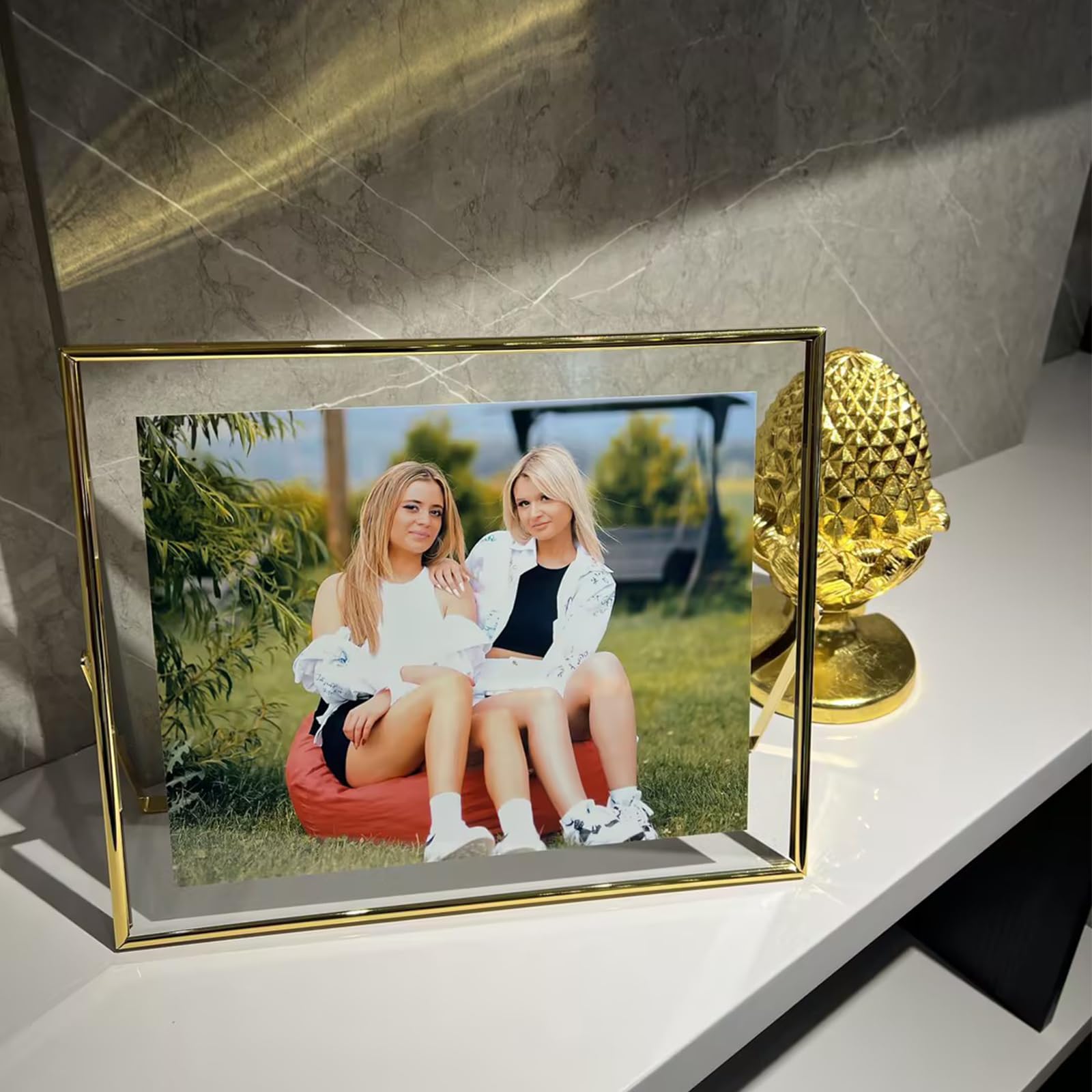 AhaGo Gold Floating Frame (10"x12",Horizontal), For Picture Sizes 9x11, 8x10, 7x9, Tabletop Shelf Photo Frame, Modern Minimalist Style, Classy Gift For Valentine’s Day, Home or Wedding