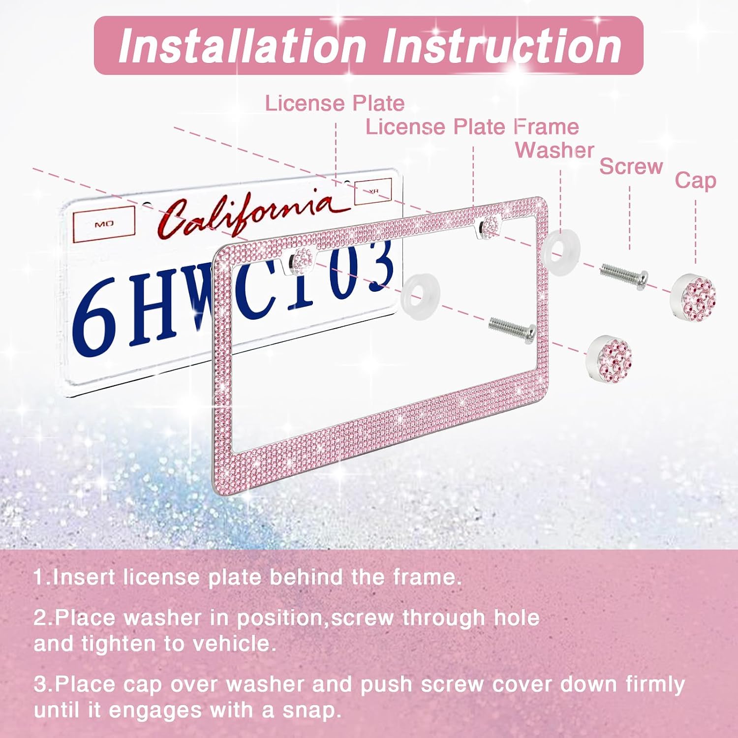 2 Pack Bling License Plate Frames Premium Sparkly License Plate Frame for Women Durable Pink Bling Car Accessories thumbnail