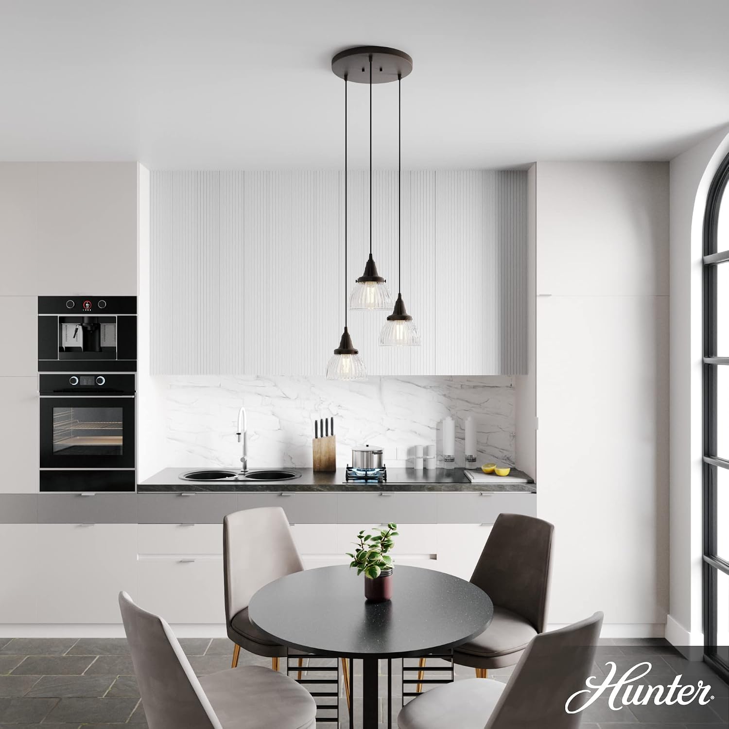 Hunter - Cypress Grove 3-light Onyx Bengal, Medium Size Cluster Light, Dimmable, Transitional Style, Round Shaped, for Bedrooms, Kitchens, Dining, Living Rooms - 19183