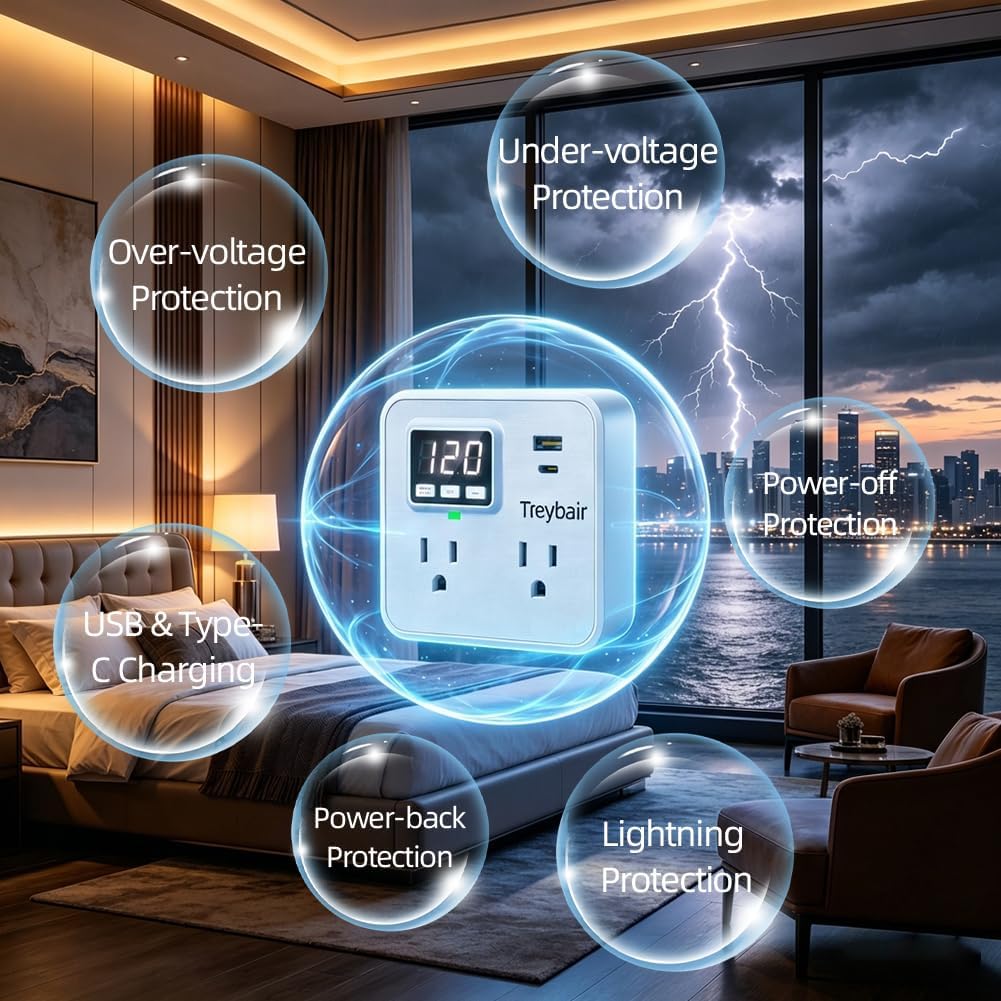 Surge Protector Power Strip Voltage Protection with USB Type-C, 80V-140V Power Surge Protectors for Refrigerator, TV, Computer | LED Display Voltage Monitoring Fireproof UL94V-1