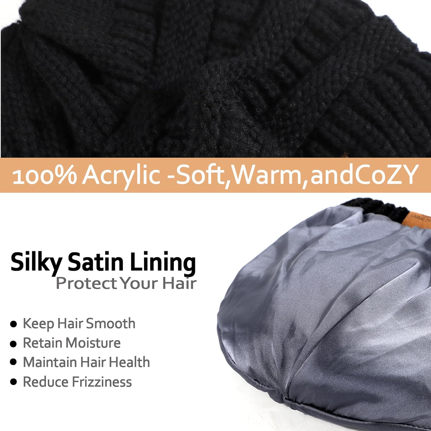 2 Pack Satin Lined Knitted Beanie Hats for Women Winter Warm Stretch Slouch Cable Beanie with Satin Silk Lining - Image 2