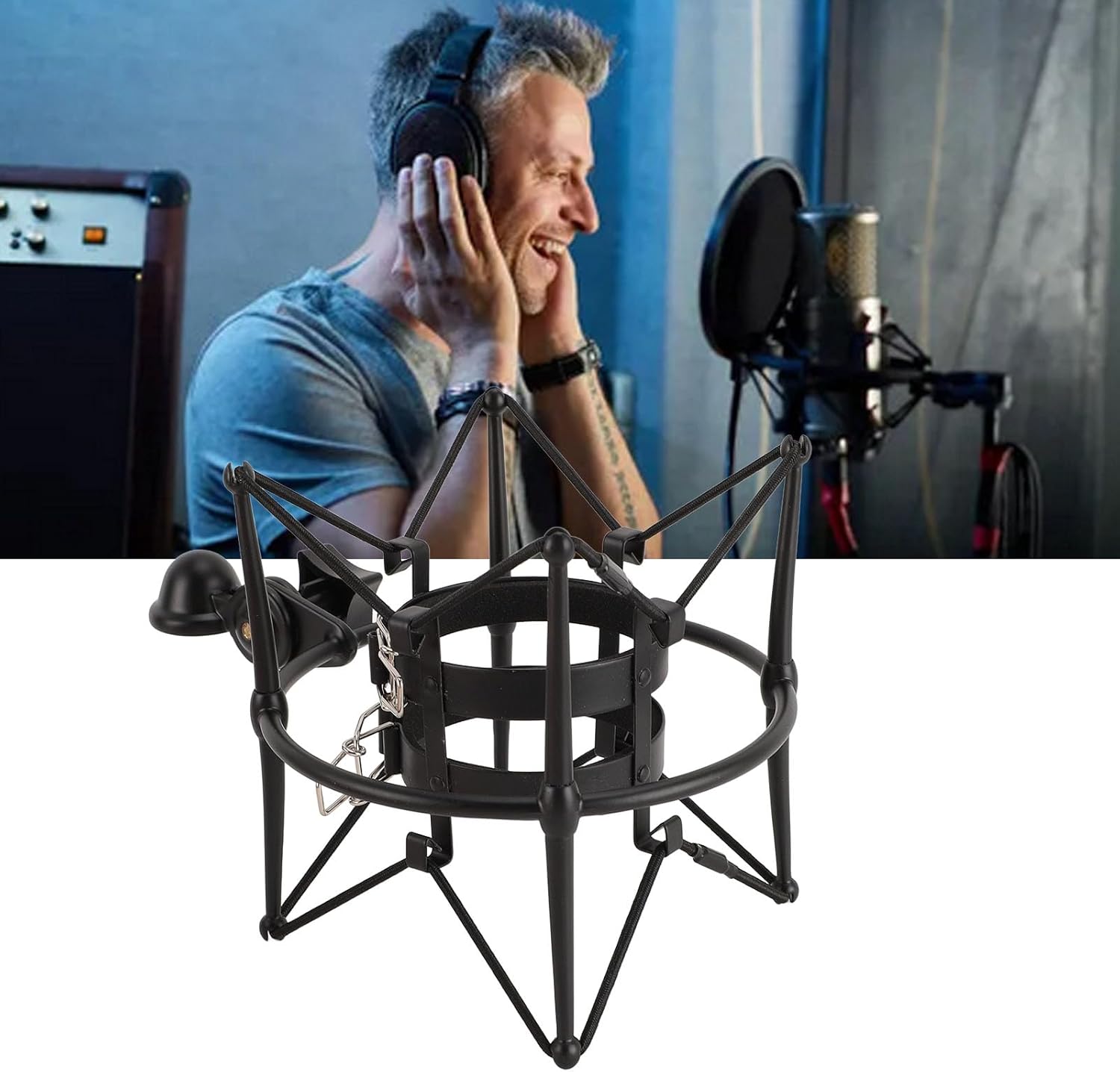 Spider Microphone Shock Mount, Metal Mic Holder for 60mm Diameter Studio Condenser Mic, Anti Vibration Mic Clip Holder with Buckle Design for Broadcasting Recording Studio (Black)