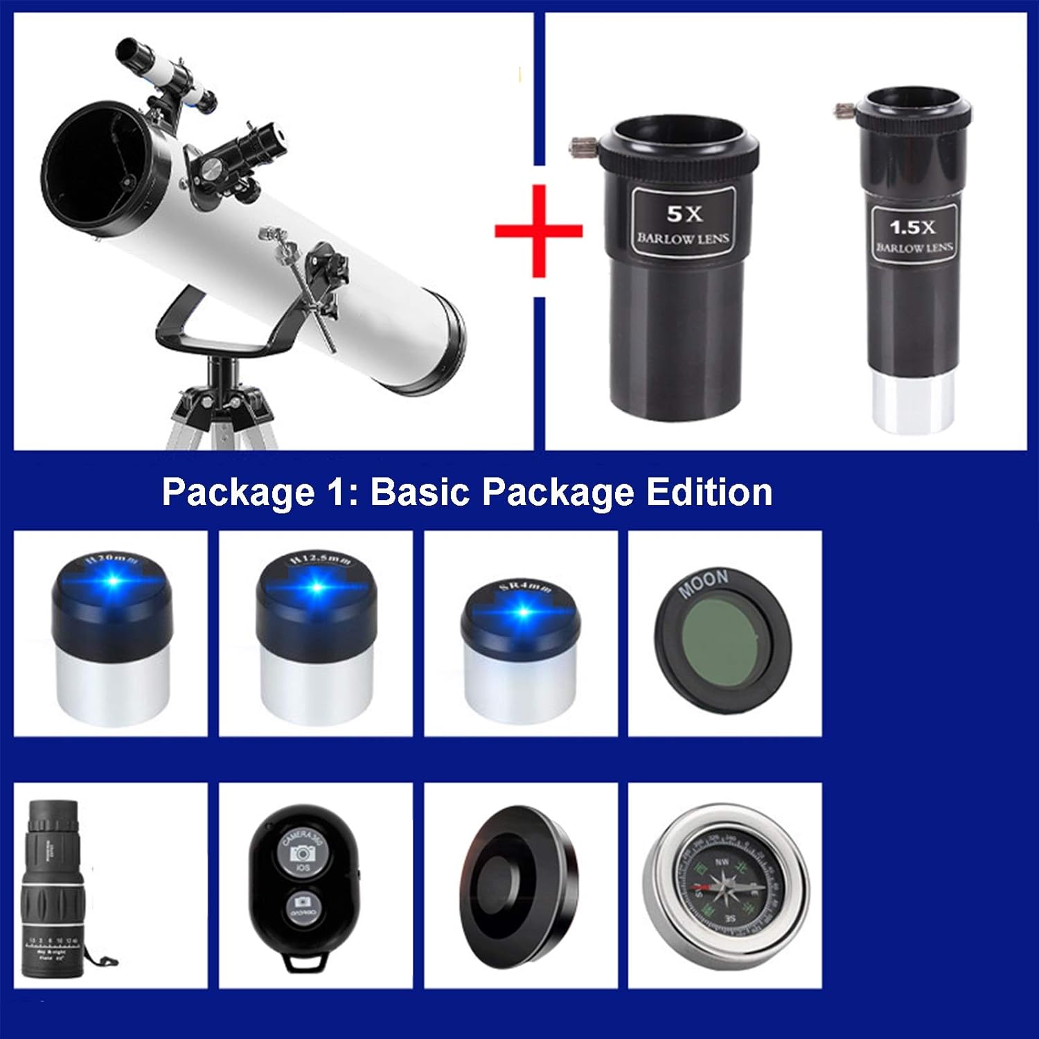 Astronomical Telescope, 114mm Large Aperture Reflective Telescope, Adjustable Aluminum Tripod (60~120cm), Suitable for Amateur Beginners and Kids (Color : Package 1)
