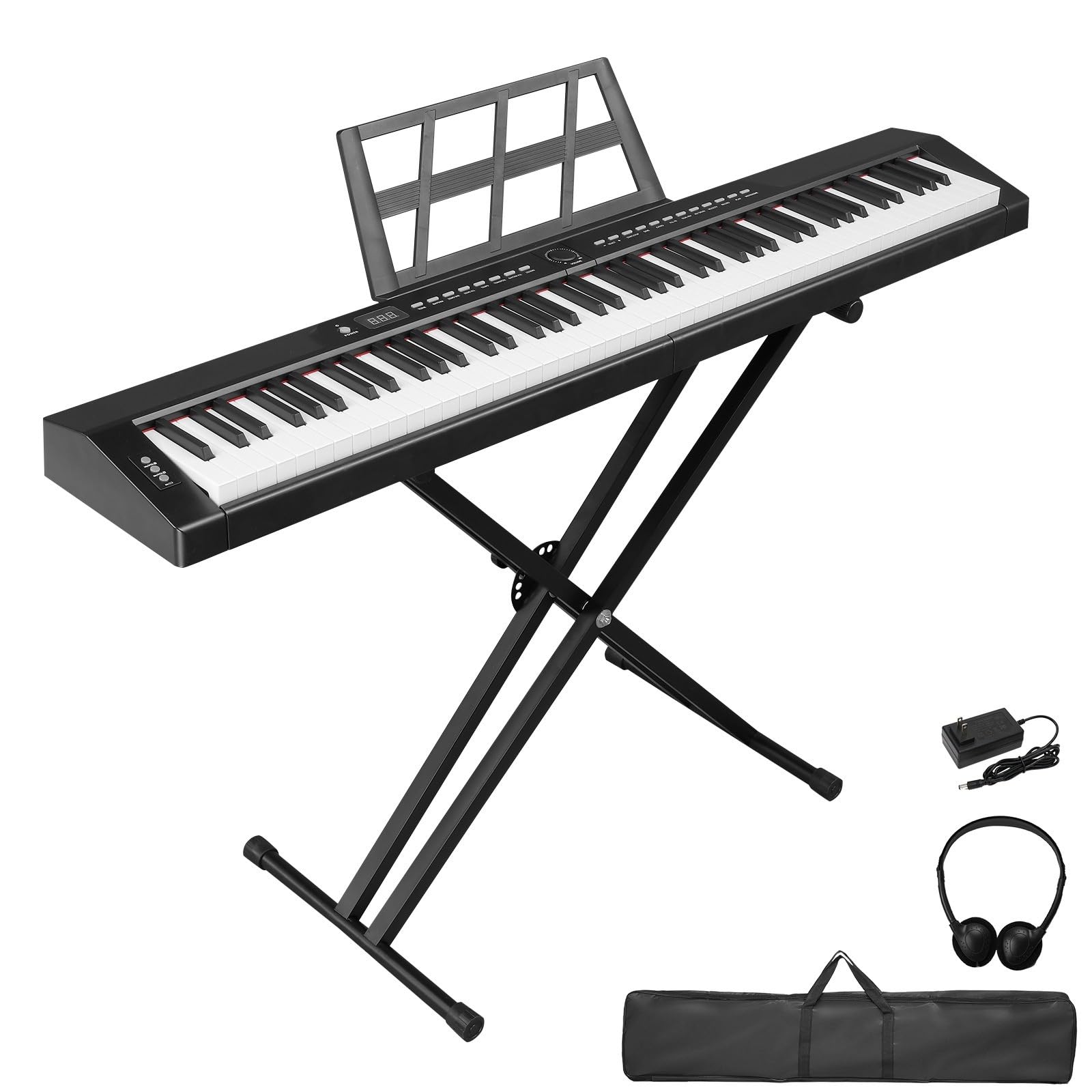 LALAHO E-Piano 88 Tasten Halbgewichteten, Klavier Digital Piano für Anfänger, Full Size Keyboard Piano mit Doppelrohr-X-Ständer, Sustain-Pedal, Notenständer, Kopfhörer, Bluetooth MIDI, Schwarz
