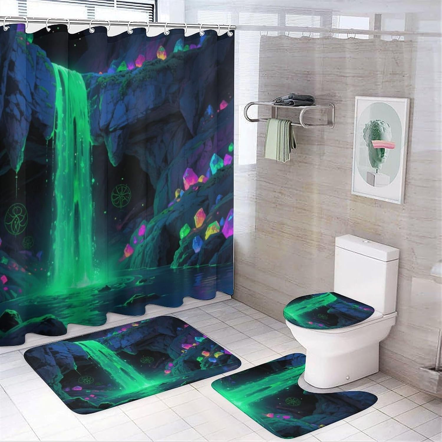 Fantasy Cave Bath Rug Set 4 Piece,Bathroom Accessories Set-Toilet Rugs U Shaped,Toilet Lid Cover,Shower Curtain and Rugs,Ultra Soft, Absorbent,Home Decor