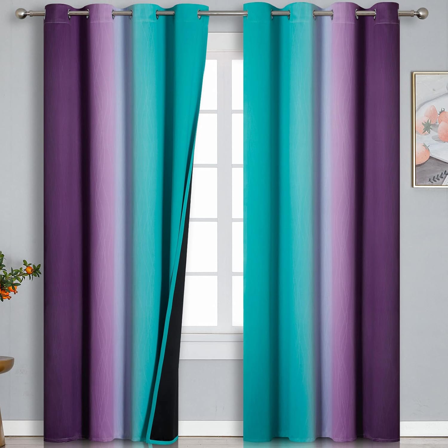Estelar Textiler Ombre Purple Blackout Curtains 96 Inches Long, Teal Curtains for Living Room, Grommet Thermal Insulated Gradient Drapes, Full Light Blocking Curtains for Bedroom,52x96 Inch, 2 Panels