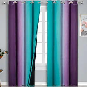 Teal Blackout Curtains 84 Inches Long, Ombre Purple Blackout Curtains for Bedroom, Grommet Thermal Insulated Gradient Drapes, Full Light Blocking Curtains for Kids Room,52x84 Inch, 2 Panels