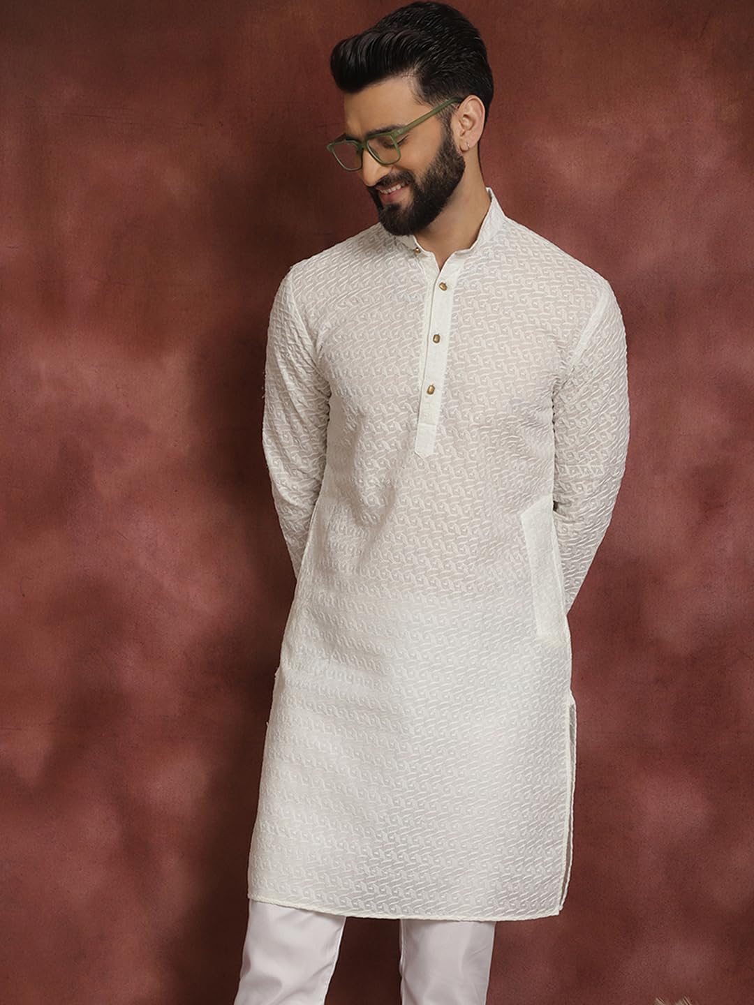 Sojanya (Since 1958 Ethnic Motifs Embroidered Thread Work Pure Cotton Cream Straight Only Kurta