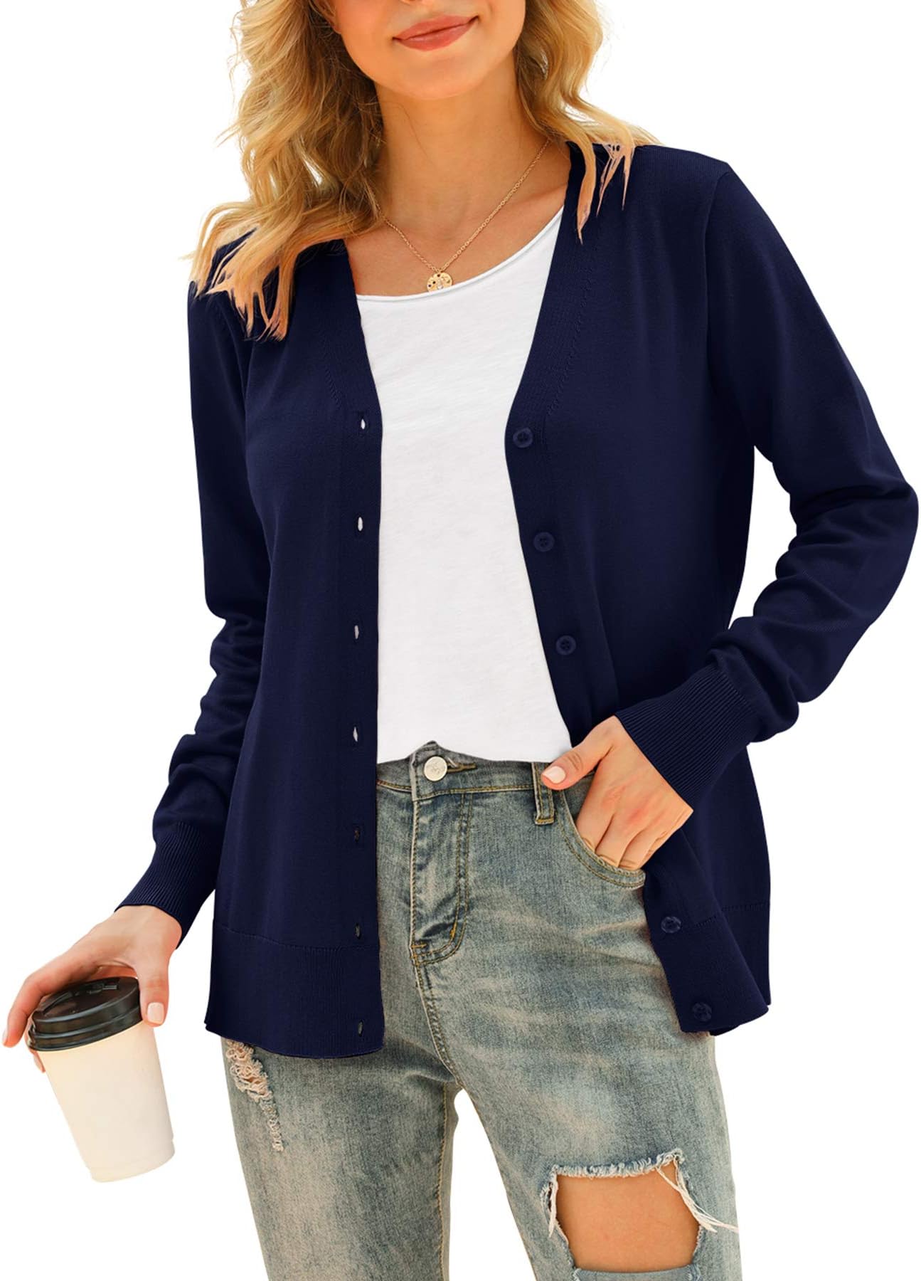 Women's Sleeveless Cardigan Sweater Vest-Button Down V-Neck Knit Top with Pockets for Casual Office Layering