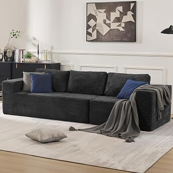 Furnify 106" 3-Seater Sofa, Cloud Modular Sofa with Certified Foam, Upholstered Floor Sofa with Deep Seat, Upholstered Sofa for Bedroom Living Room, No Assembly Required Plush Corduroy Fabric, Black