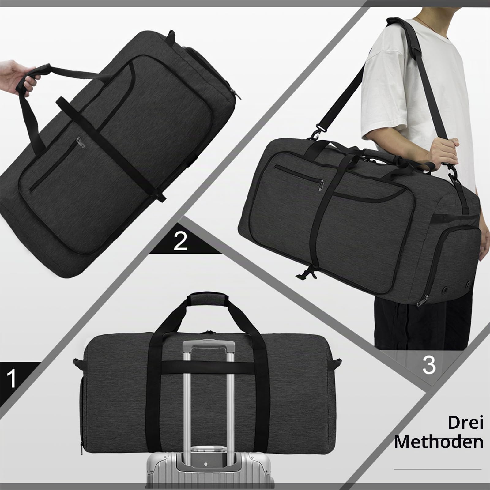 NEWHEY Reisetasche Groß 40L 65L 80L 100L 120L Faltbare Reisetaschen Leichte Sporttasche für männer mit Schuhfach für Weekender Herren Damen Duffel Taschen Schwarz