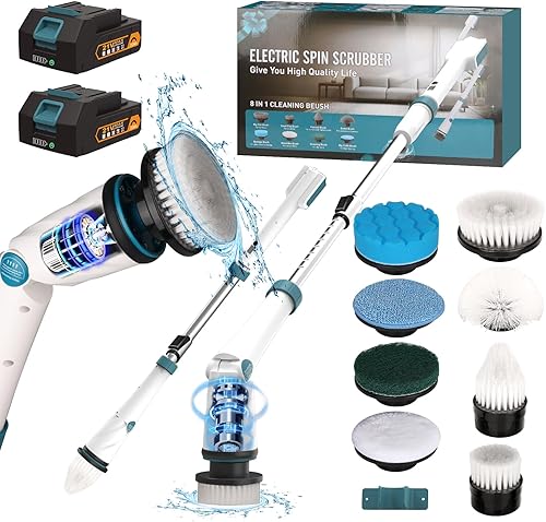 BHY Limpiador eléctrico giratorio Cepillo de limpieza inalámbrico de 1200 RPM con batería y cargador, 8 cabezales de repuesto, 3 asas de extensión
