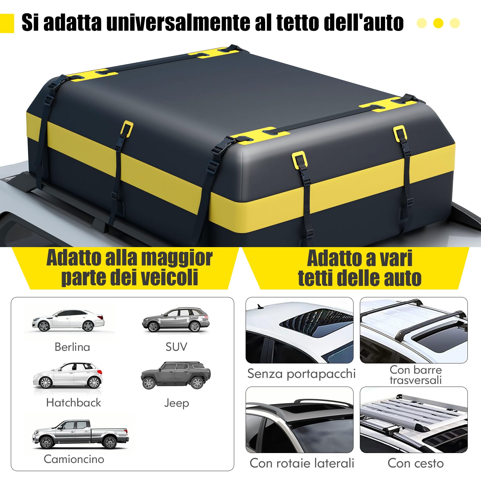 GYMAX Sacca da Tetto per Auto Impermeabile da 595 L con Tappetino Antiscivolo & Lucchetto a Combinazione & 10 Cinghie & 6 Ganci Porta, Adatta a Tutti i Veicoli con/senza Barre Portatutto