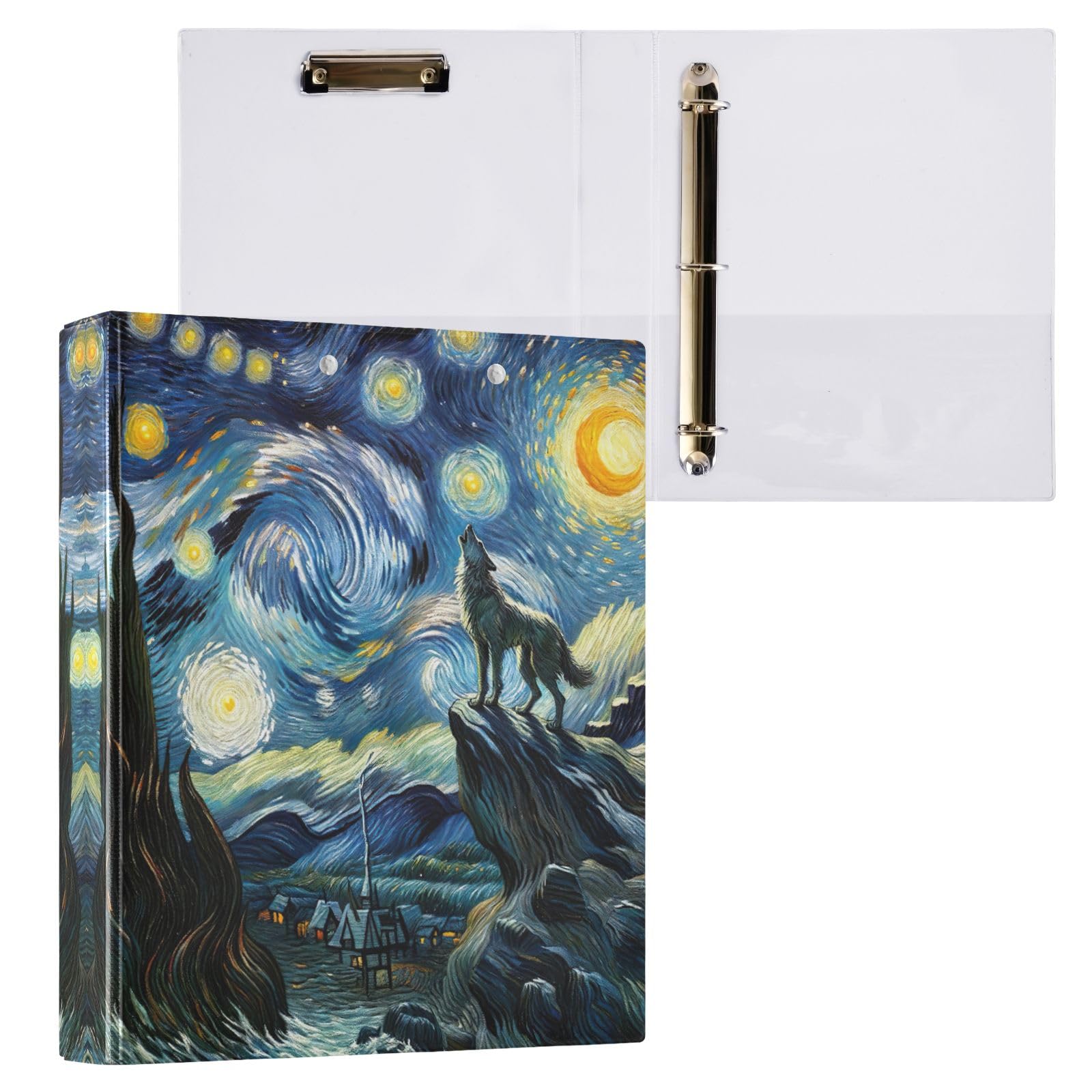 Starry Night Wolf 3-Ringbuch 3,8 cm, runder Ringordner mit 3 Innentaschen, D-Ringbuch für Arbeit, Schule, Büro, 2 Stück