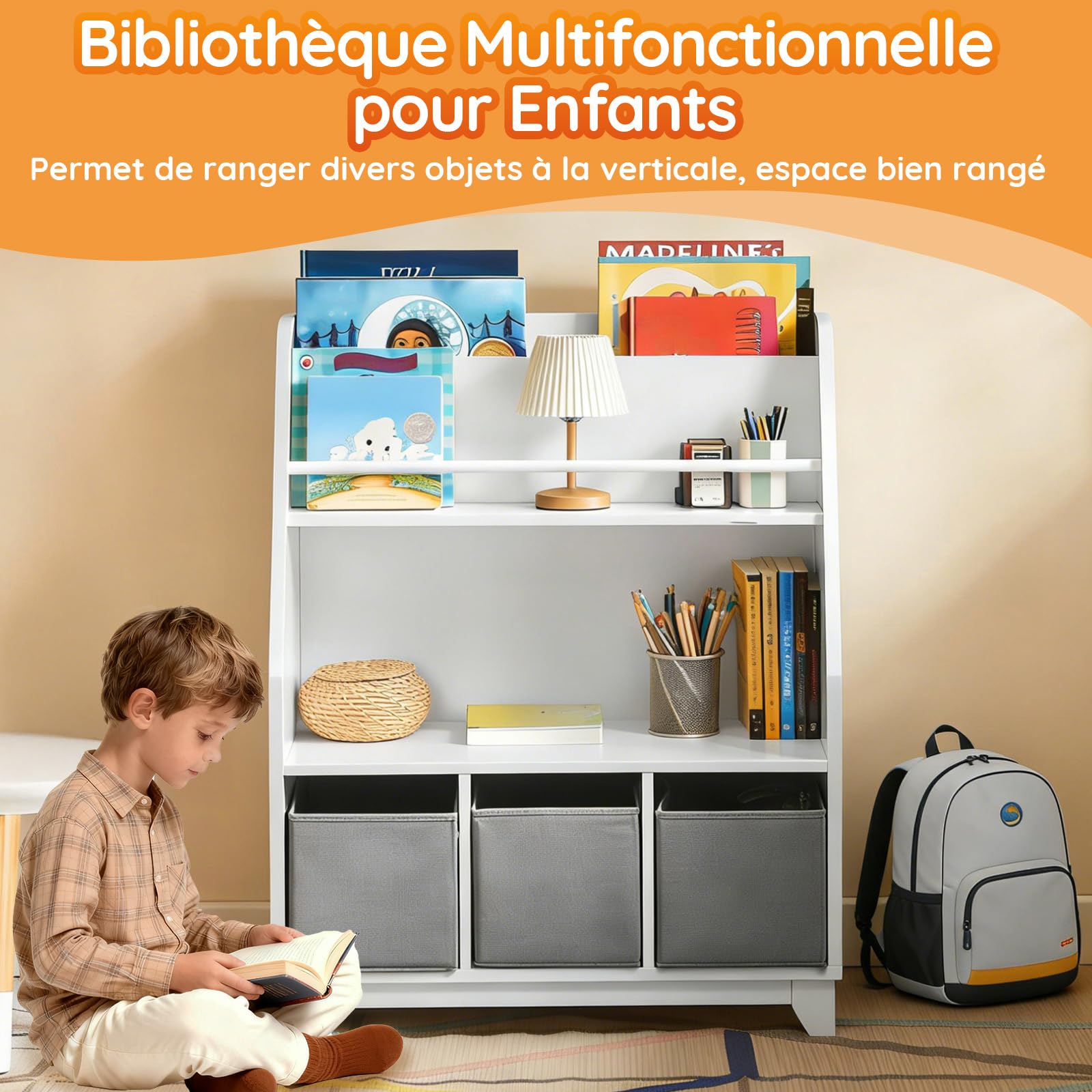 SoBuy Bibliothèque Enfant 3 Paniers Charge Max. 50kg 63x28x80cm | étagère livre avec compartiments et boîtes de rangement, MDF E1, pour chambre bébé KMB34-W