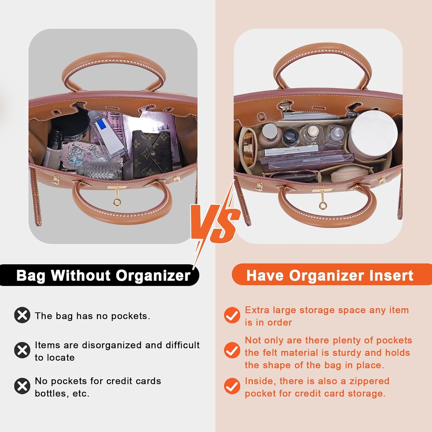 Felt Purse Organizer insert for birkin 35 bag organizer Handbag Insert (Beige, BK35) - Image 3