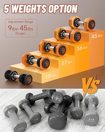 Miniatura 9 de Juego de mancuernas ajustables de 45 libras, 1 segundo, 5 pesos ajustables rápidamente por mango giratorio, mancuernas de metal antideslizantes de