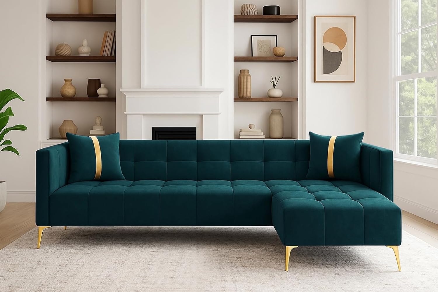 FURNY Styliving 6 Seater Fabric RHS L Shape Sofa Set (Greenish Teal) with Golden Finish Legs | Durable & Comfortable | Ideal for Living Room FURNY Styliving 6 Seater Fabric RHS L Shape Sofa Set (Greenish Teal) with Golden Finish Legs | Durable & Comfortable | Ideal for Living Room