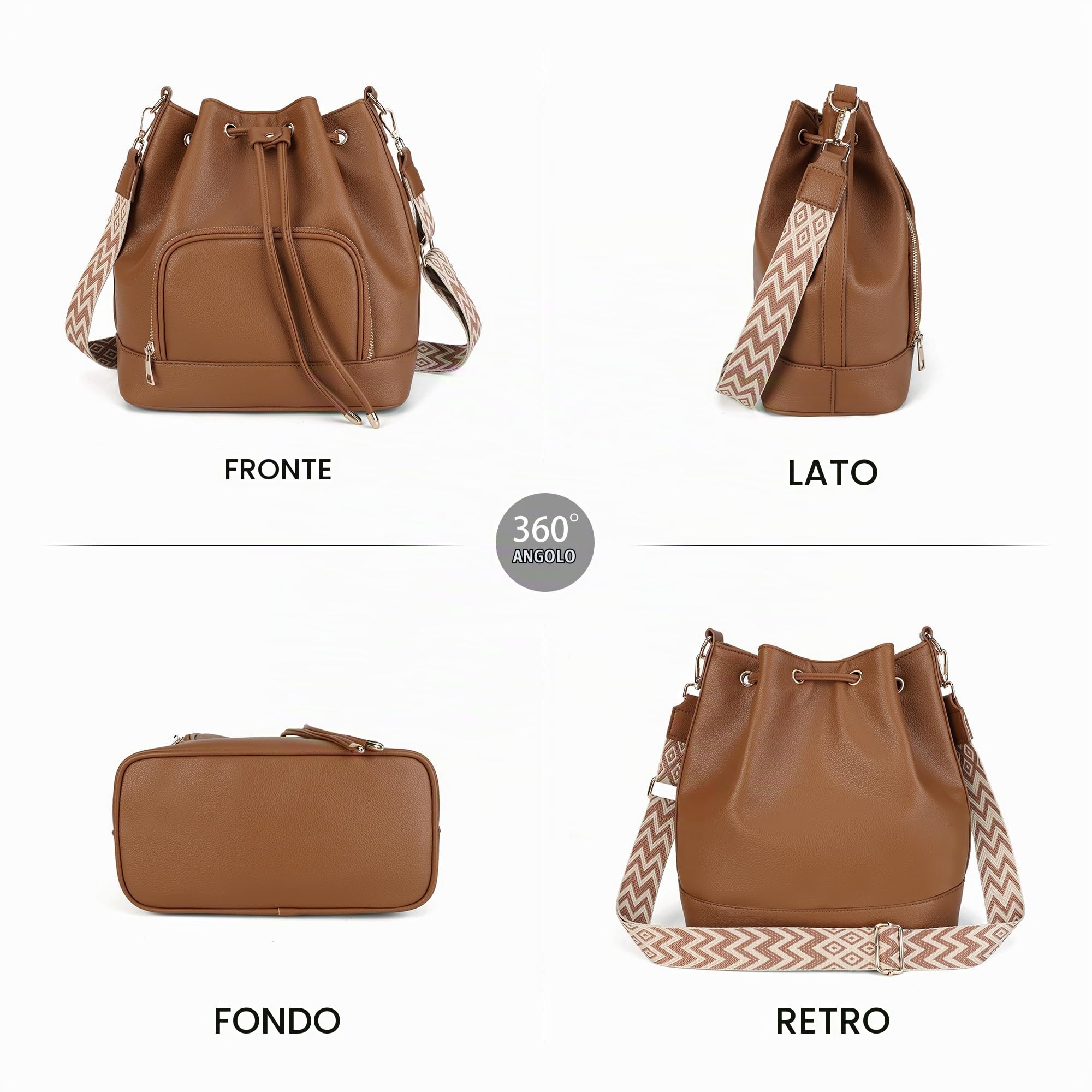 AFKOMST Borsa a secchiello da donna in pelle, con coulisse e tasca frontale con cerniera, grande capacità, borsa a tracolla per lavoro, viaggi e uso quotidiano