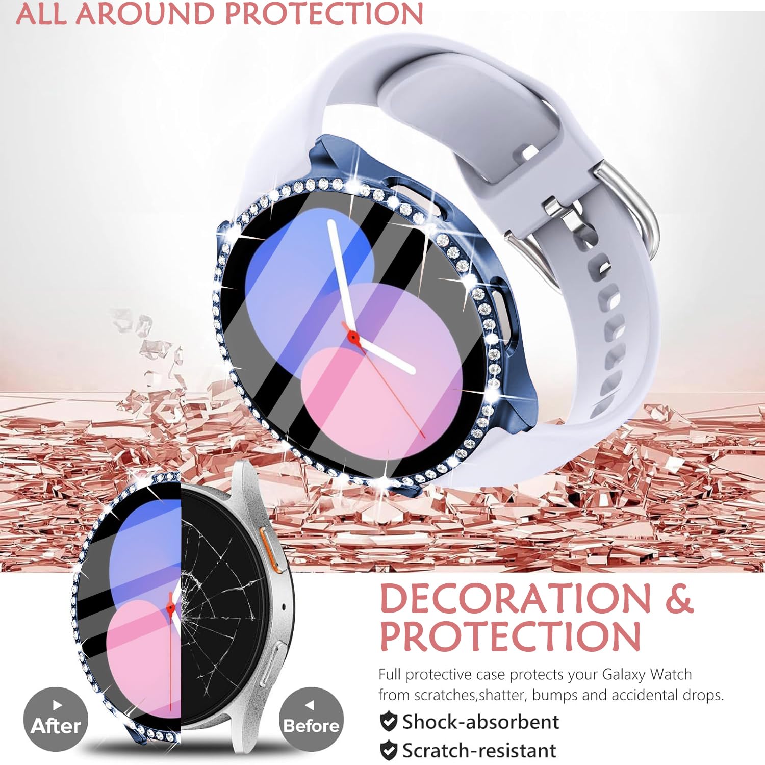 DEALELE [2-PACK] Case Compatible with Samsung Galaxy Watch 5/4 44mm, Bling Single-Row Diamond PC Protective Case Replacement Watch Cover Bumper (44mm, Gold+Transparent) — view 206