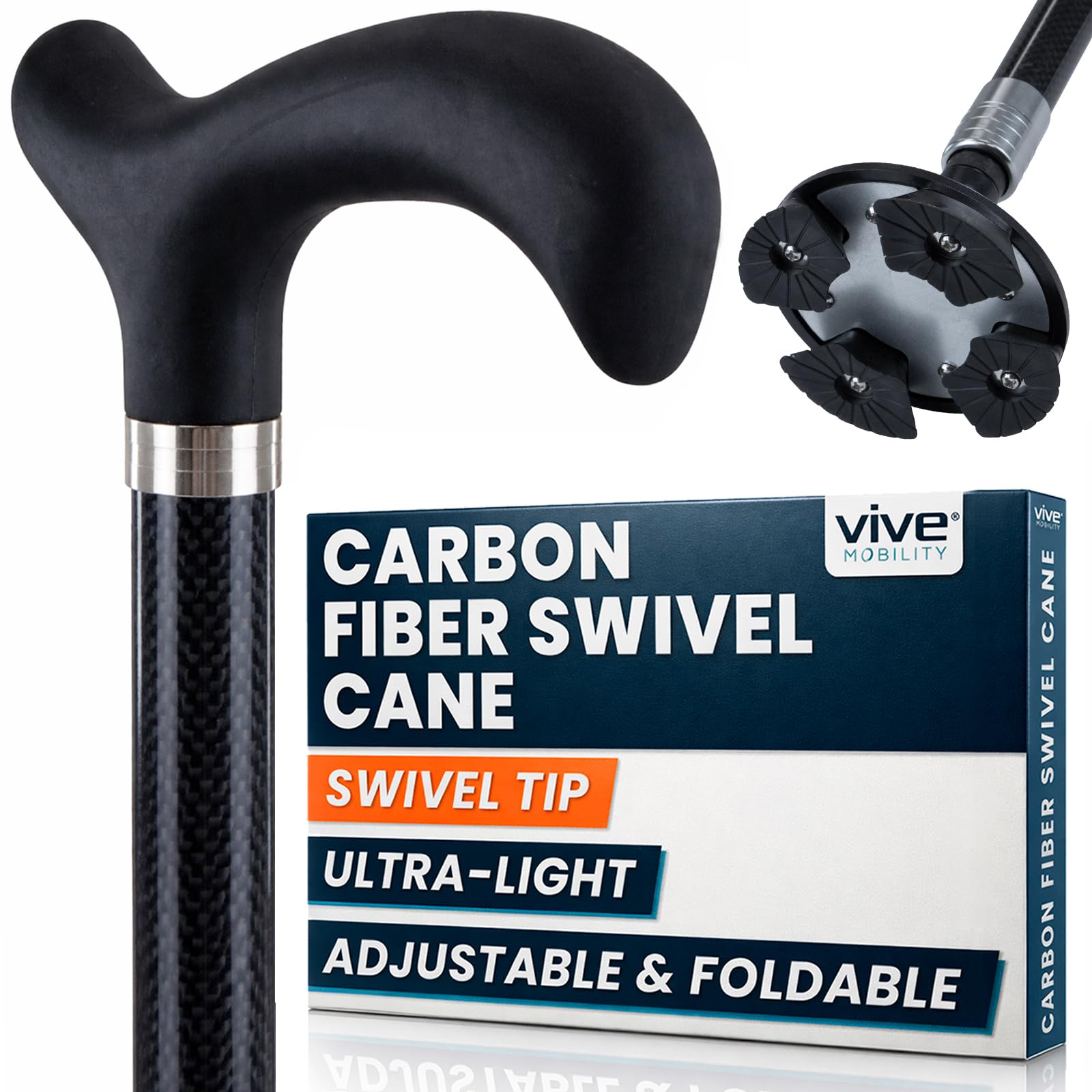 Vive Carbon Fiber Walking Cane with Quad Base - Lightweight Stick for Women, Men - Non-Slip Rubber Tips - Medical Hurry Mobility Aid for Seniors, Adults, Balance - for Right and Left Stability
