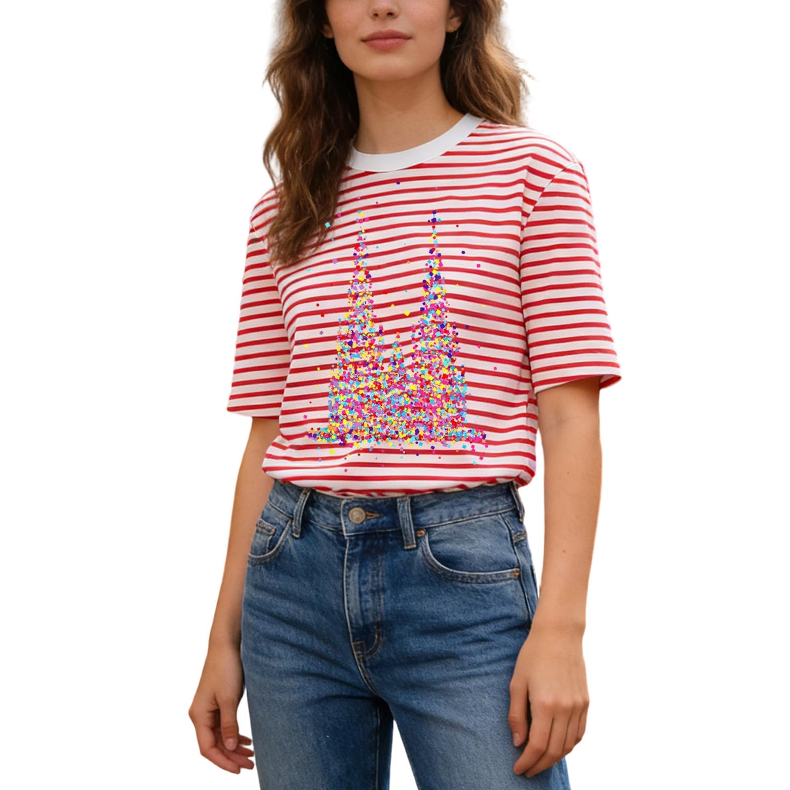 Zanisouta Striped Shirt Women's Red White Striped Short Sleeve Shirt Carnival T-Shirt Short Sleeve Blouse Crew Neck Tops Fancy Dress Sailor Costume Basic Casual Tops Fancy Dress Costumes, U Red, XL