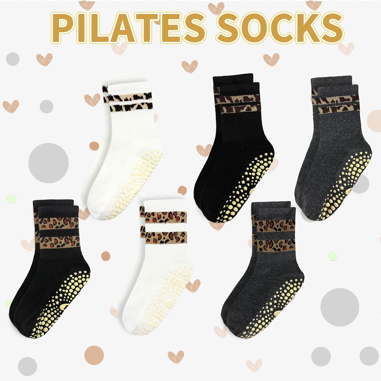 3 Pairs Pilates Grip Ankle Socks for Women – Leopard Striped Cute Yoga Socks, Non Slip Barre Grip Socks for Workout