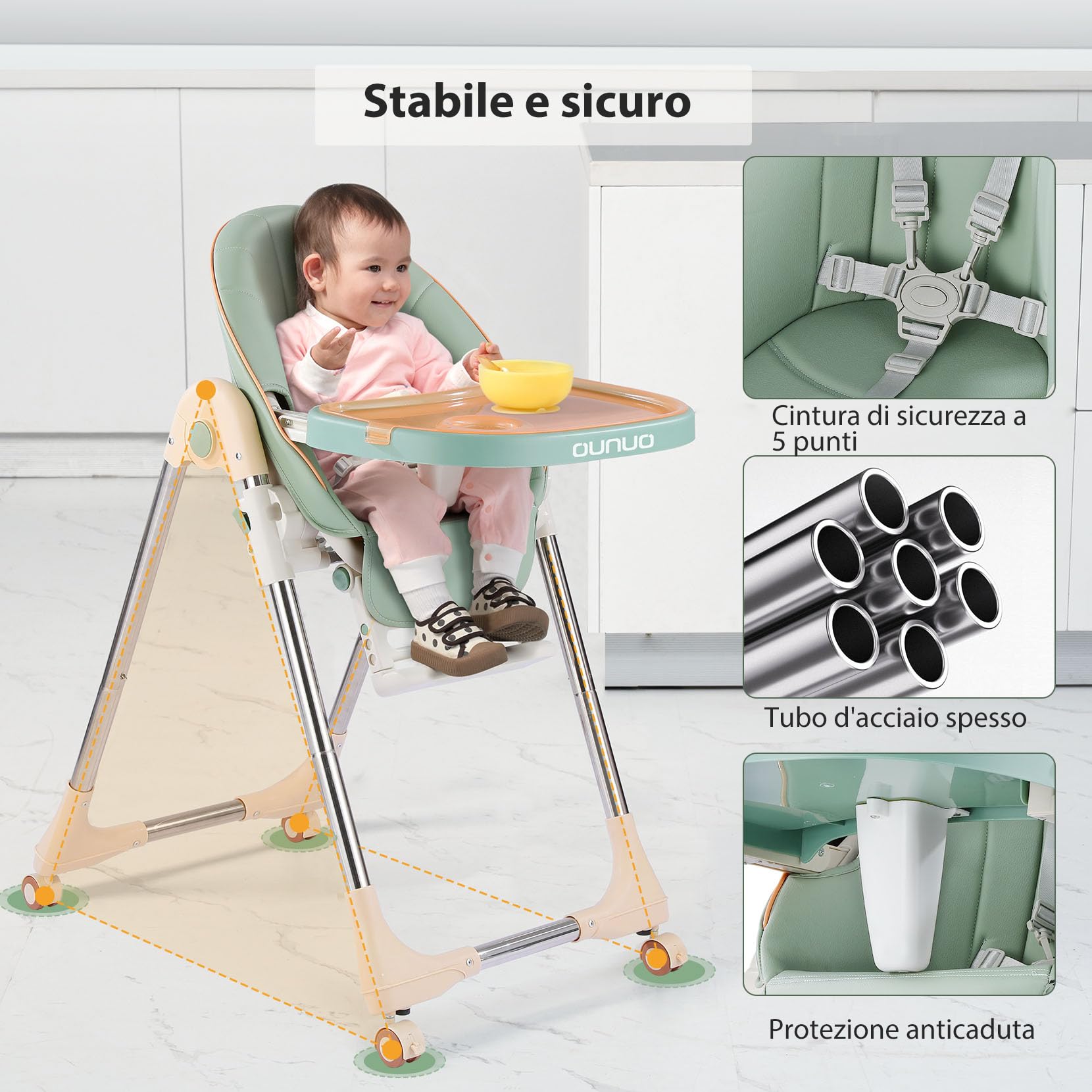 OUNUO Seggiolone Pappa, Seggiolino da Tavolo Pieghevole, Seggioline per bambini da 6 Mesi fino a 6 anni, Piatto da Cena Smontabile, Pedale e Schienale Regolabili in Altezza (Verde)
