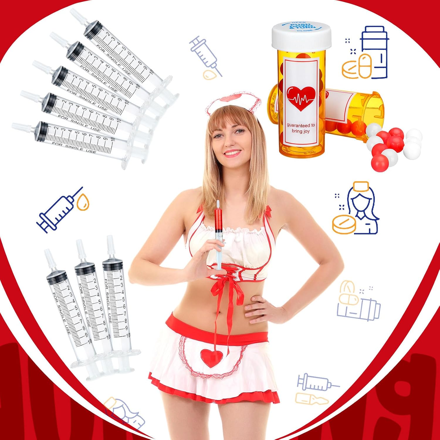 Threlaco 100 Pcs Nursing Graduation Party Supplies 20 Pcs 10 ml Plastic Syringe 40 Empty Pill Bottles with Caps 40 Sticky Label for Nursing Pharmacist Party Favors Bsn Rn Lpn Gift