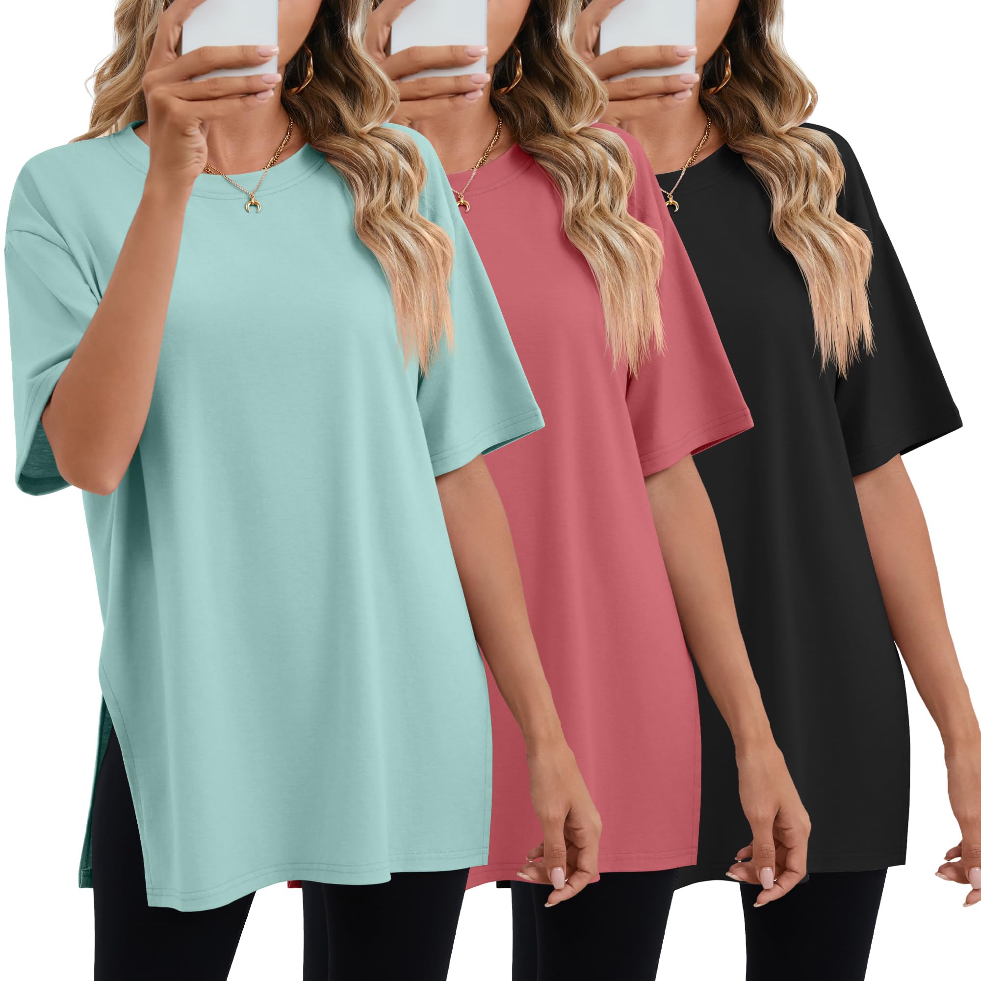 Huukeay 3 Pack Women's Oversized Gym T Shirts Short Sleeve Side Split Crewneck Tops Casual Summer Workout Baggy Basic Tee