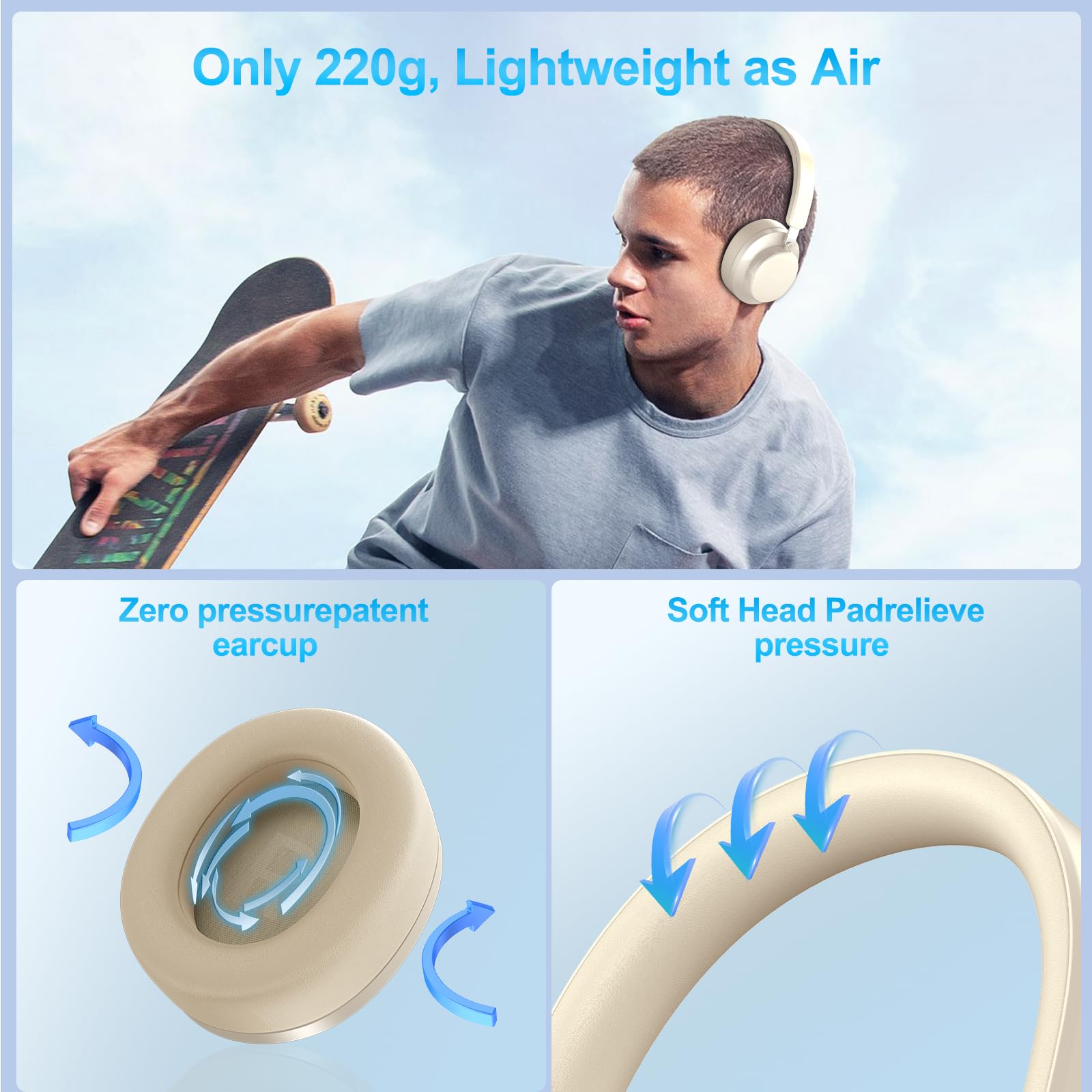 Noise Cancelling Headphones Wireless Bluetooth, Over Ear Headphones Bluetooth with Microphone, Cancelling Wireless Headphone Over Ear, 65h Playtime, Clear Calls, Comfort Fit For Travel (Beige) — view 5