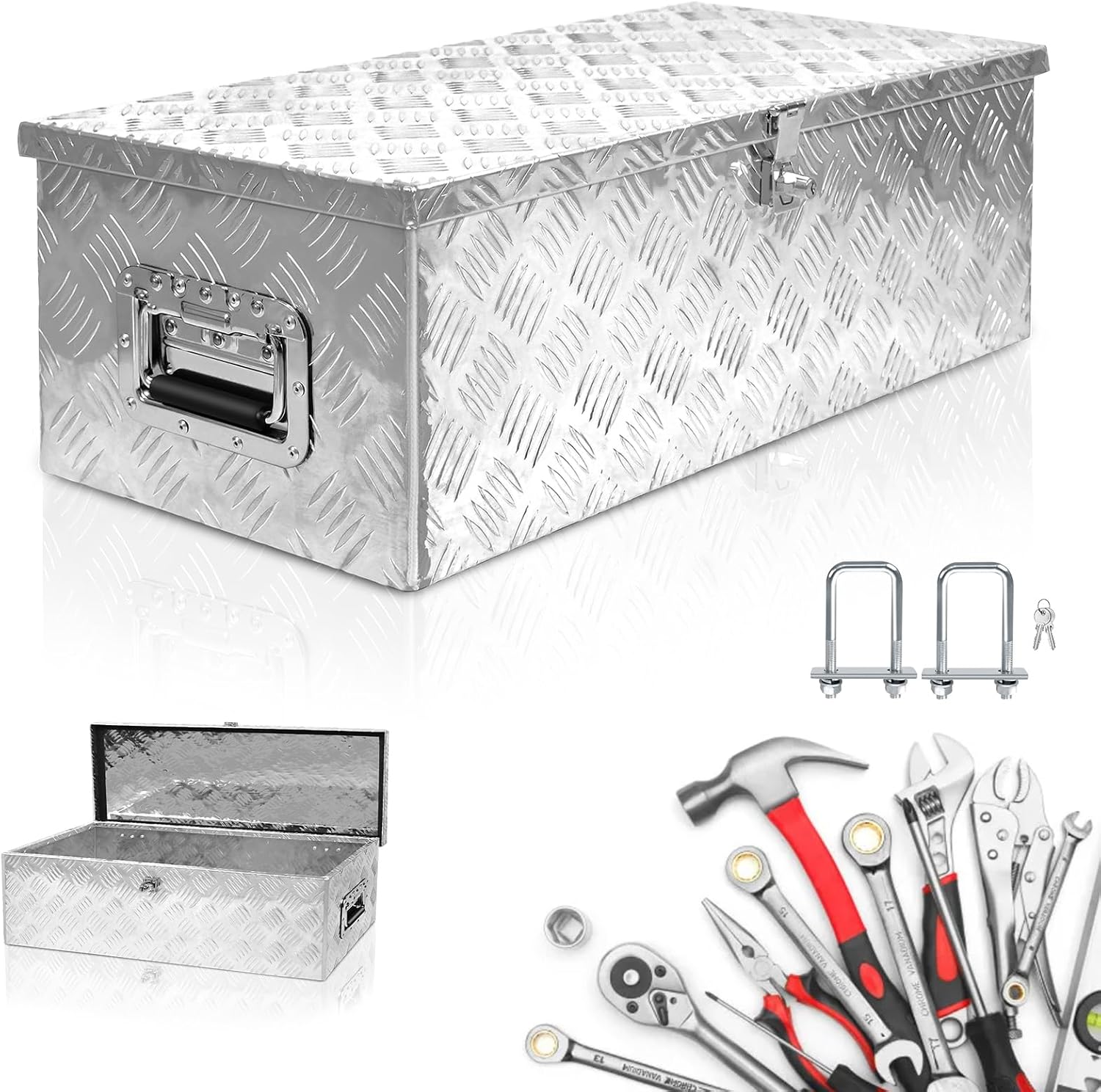 YRHome aluminium gereedschapskist, transportbox, disselbox voor auto's en aanhangers, vergrendelingssysteem, veiligheidshandgrepen, 2 sleutels, stootvast, waterdicht, zilver