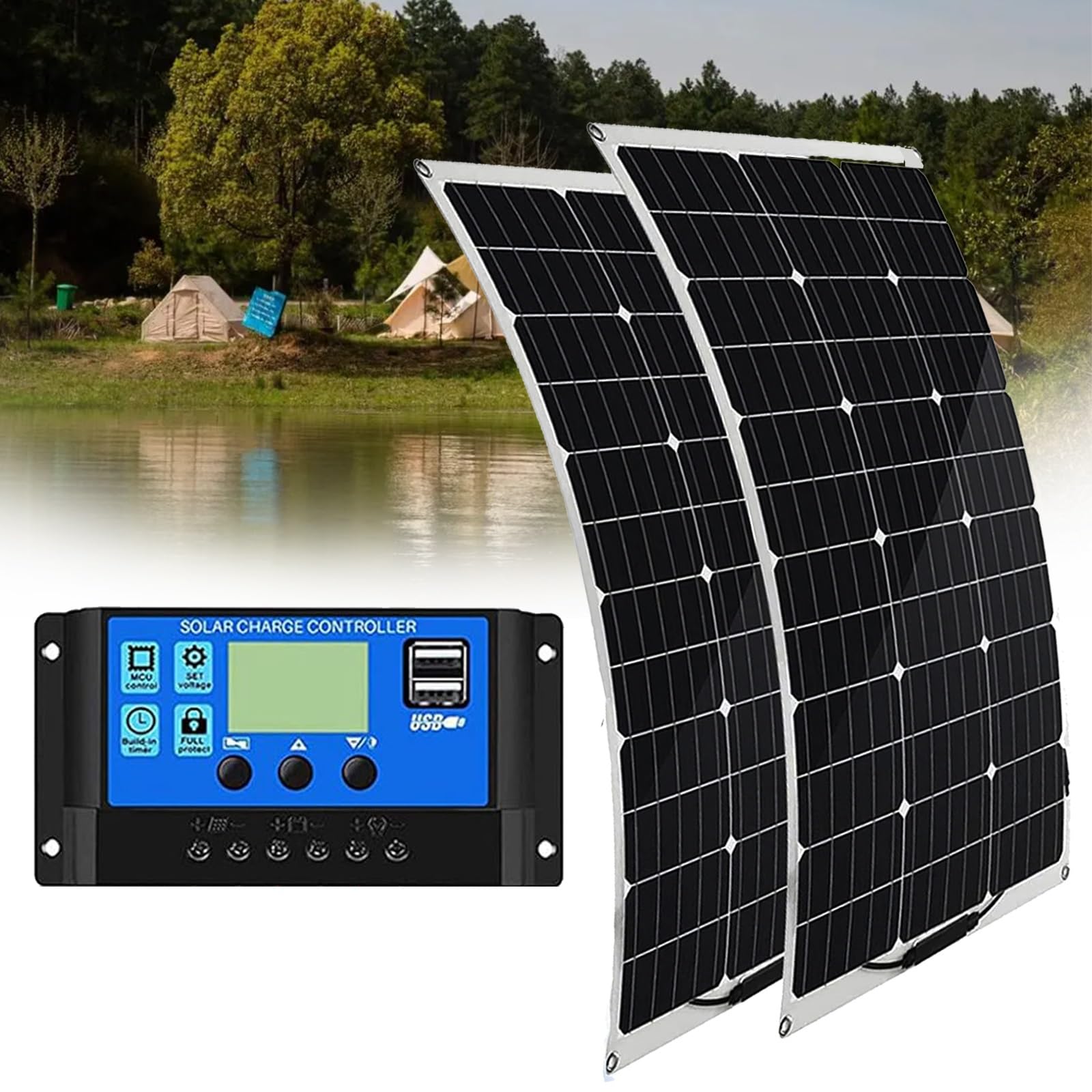 Panel Solar Flexible 500W 1000W Paneles Solares Fotovoltaicos Monocristalinos con Controlador Carga El Cargador Solar Fotovoltaico Es Adecuado para Tiendas Campaña RV Yates(2x500W)