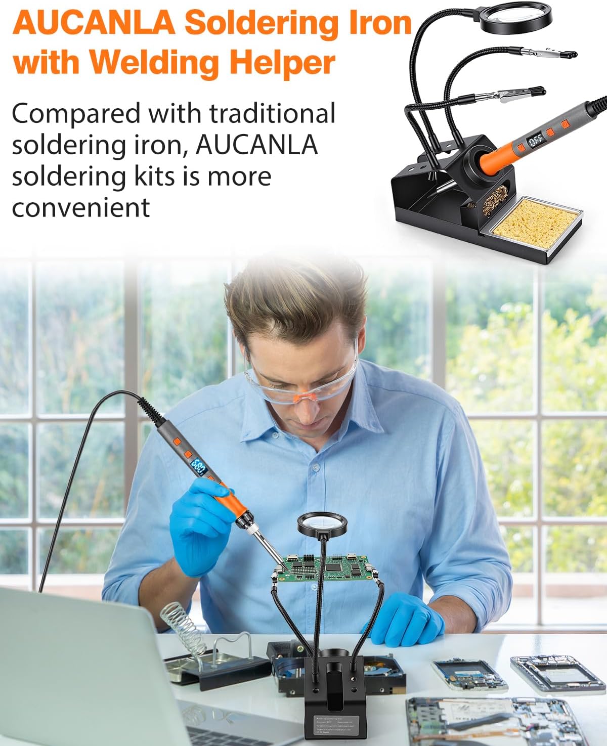 Soldering Iron Kit, 100W High Power LCD Digital Solder Iron Pen, Fast Heating Soldering Tool with Magnifying Glass and Helping Hands, Iron Tips, Solder Wire, Tweezer, Automatic Sleep Mode