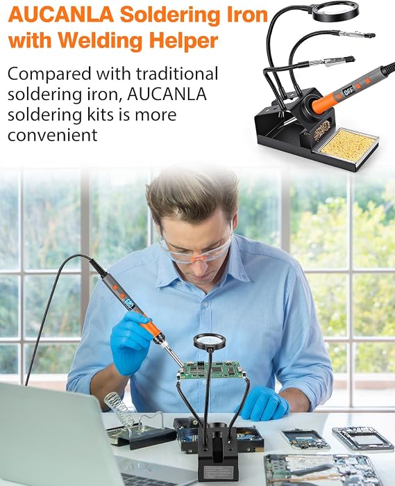 Soldering Iron Kit, 100W High Power LCD Digital Solder Iron Pen, Fast Heating Soldering Tool with Magnifying Glass and Helping Hands, Iron Tips, Solder Wire, Tweezer, Automatic Sleep Mode