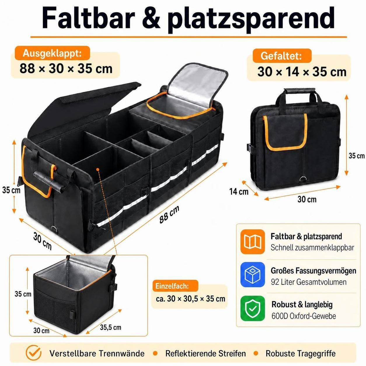 DGSL Organizer per bagagliaio, 92 l, con borsa termica da 24 l e coperchio