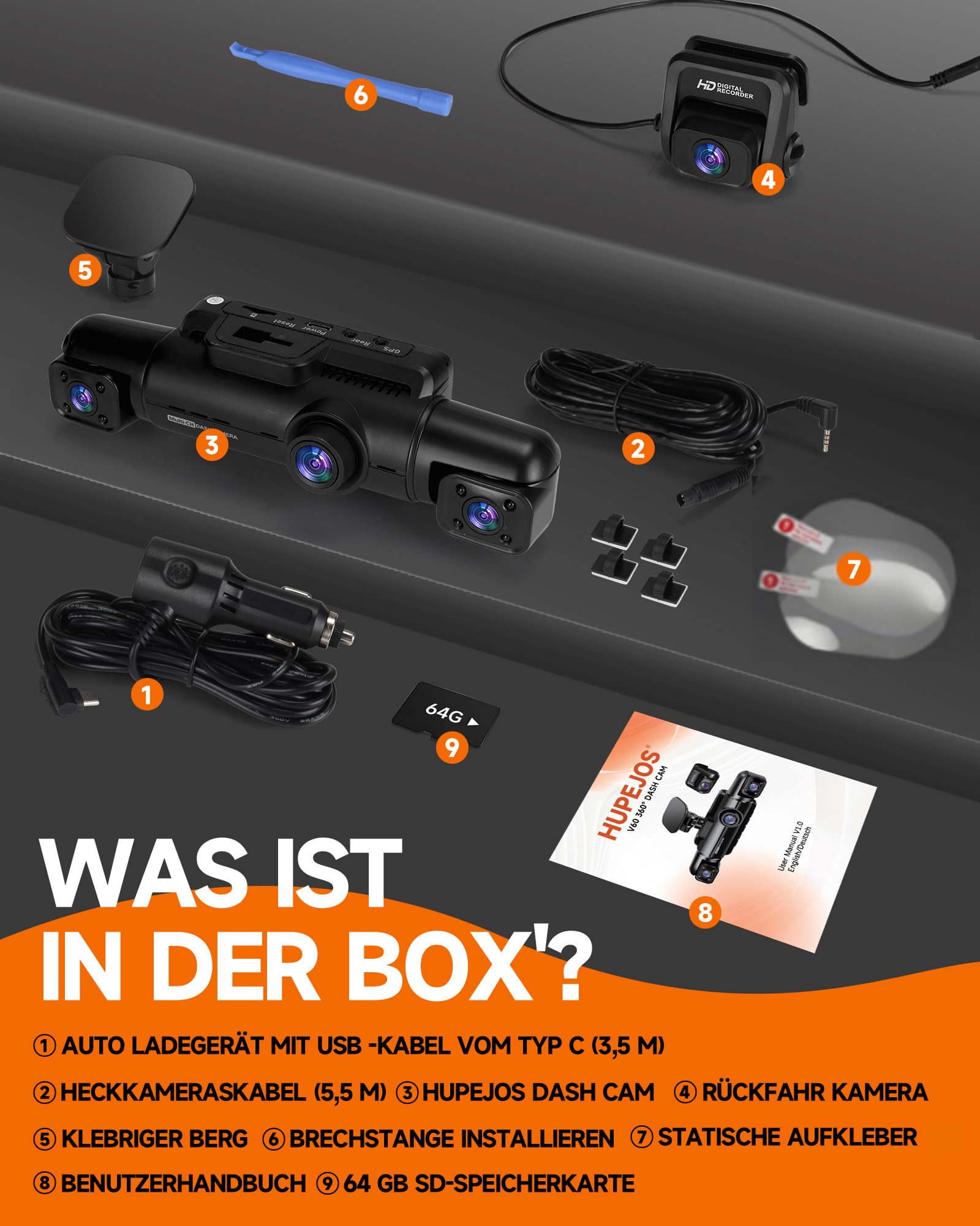 HUPEJOS 4 Kanal Dashcam Auto Vorne Hinten, 4K 360 Grad Kamera Auto, V60