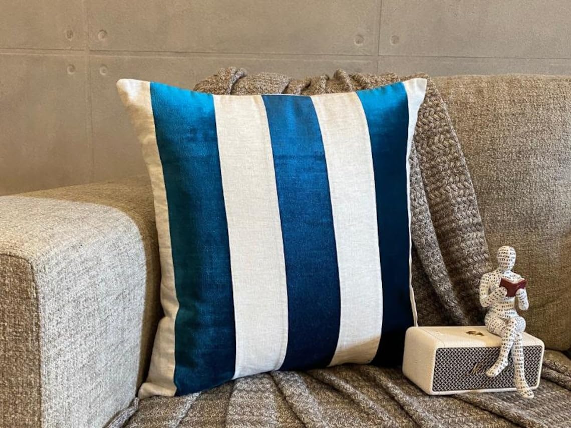 The HomeCentric Decorativo Blu acqua Fodere per cuscini, Set di 2, 45x45 cm Velluto Cuscino, Fodera per cuscino con Patchwork, A strisce Cuscino, Moderno Fodere per cuscini - Velvet Band Teal