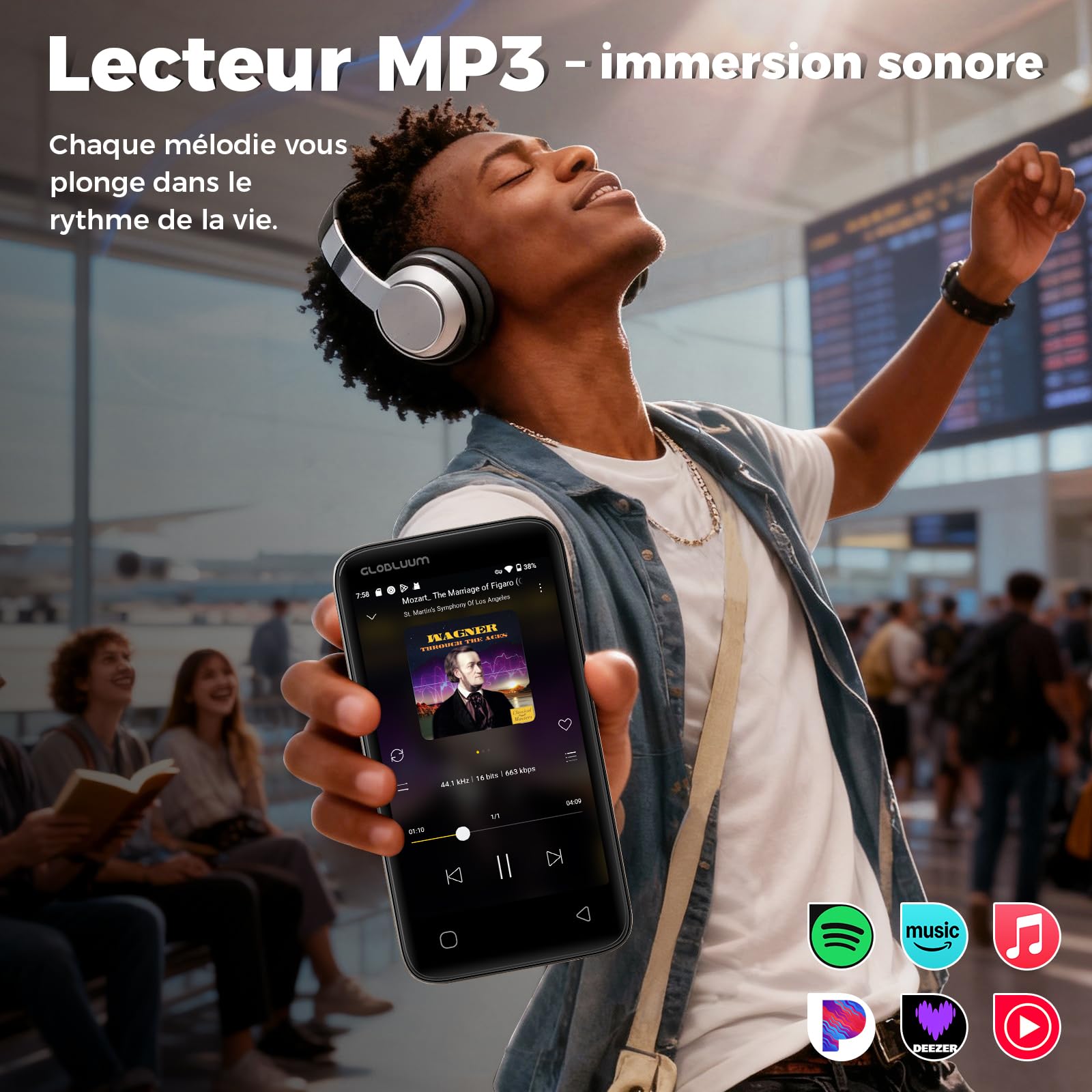 Lecteur MP3 96 Go Bluetooth 5.0 WiFi Compatible Spotify Android écran Tactile 4 Pouces Son HiFi Radio FM