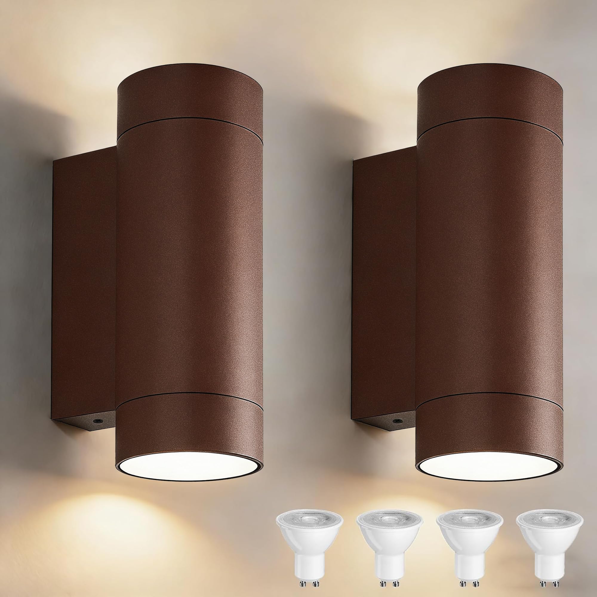 JNR Aussenlampe Wand IP65 Wasserdichte Wandleuchte Aussen, Außenlampe Wand inkl. 4 * 5w GU10 Warmweiß Glühbirne, Außenleuchte Wand Up Down LED Aussenleuchte (2 PACK-Bronze Rotbraun)