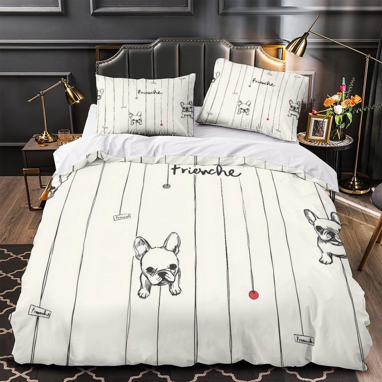 Housse couette bouledogue français pour literie simple de chambre ado
