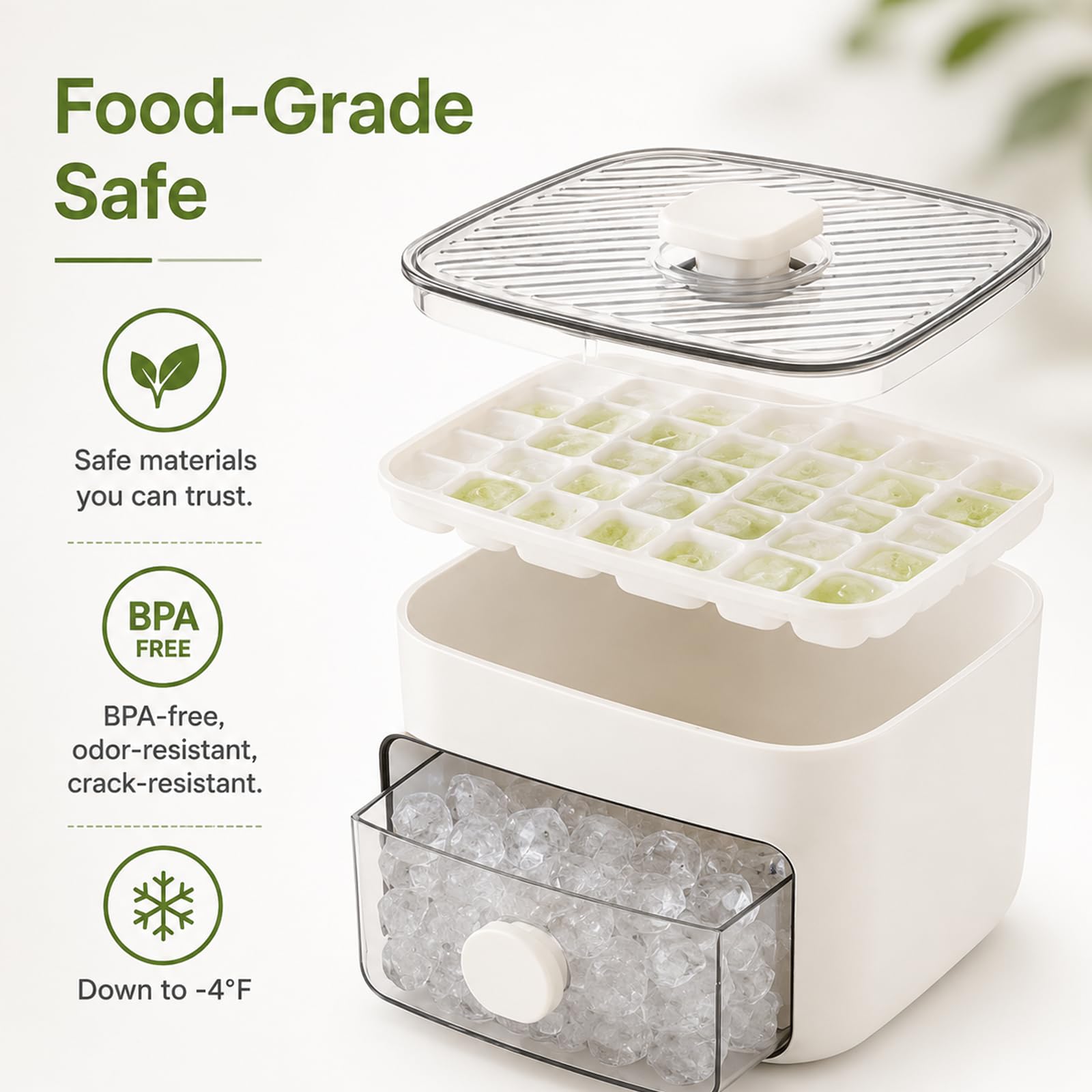 Klein Eiswürfelmaschine, Ice Cube Maker, 48 Stück Eiswürfel, einfaches Drücken, um das Eis zu lösen, Kühlen von Cocktail, Whiskey, Kaffee, Eiswürfel mit Behälter Eiswürfelbox, Für Home Kitchen - Weiß