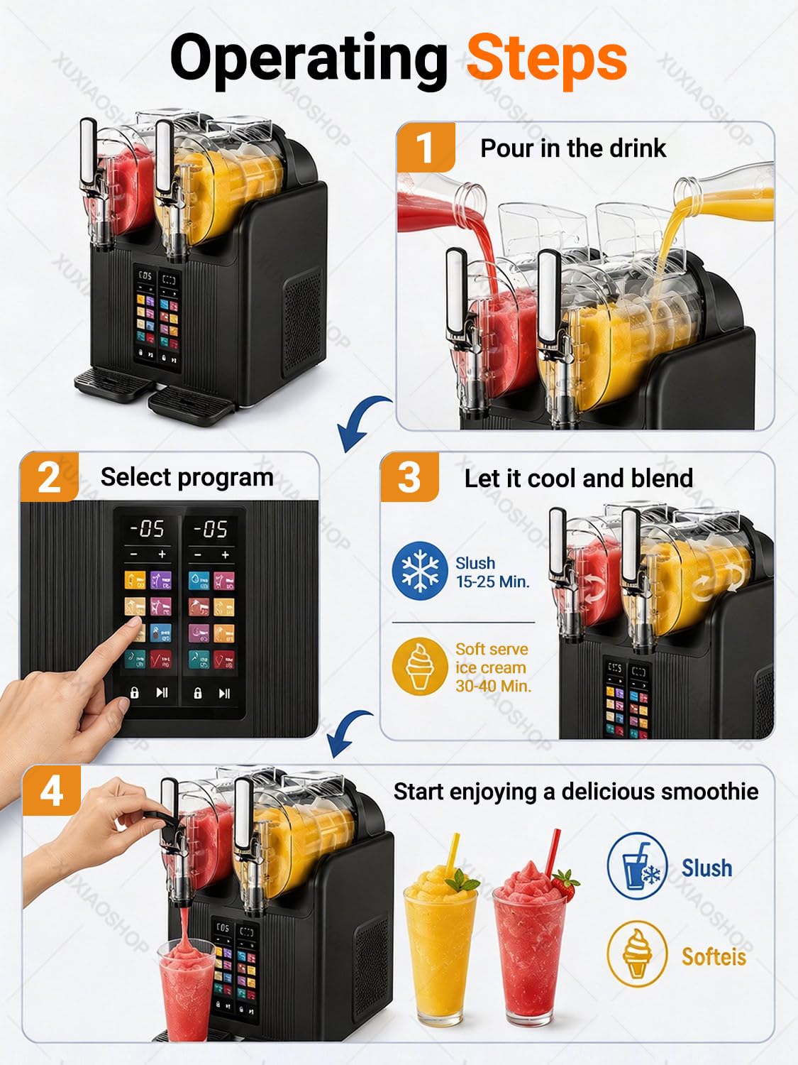 Slushie I Maszyna do Lodów z Dwoma Zbiornikami 2 L Black | Automatyczna Samoczyszcząca Maszyna do Mrożonych Napojów o Mocy 430 W, do Smoothie, Użytku Domowego I Dla Małych Firm