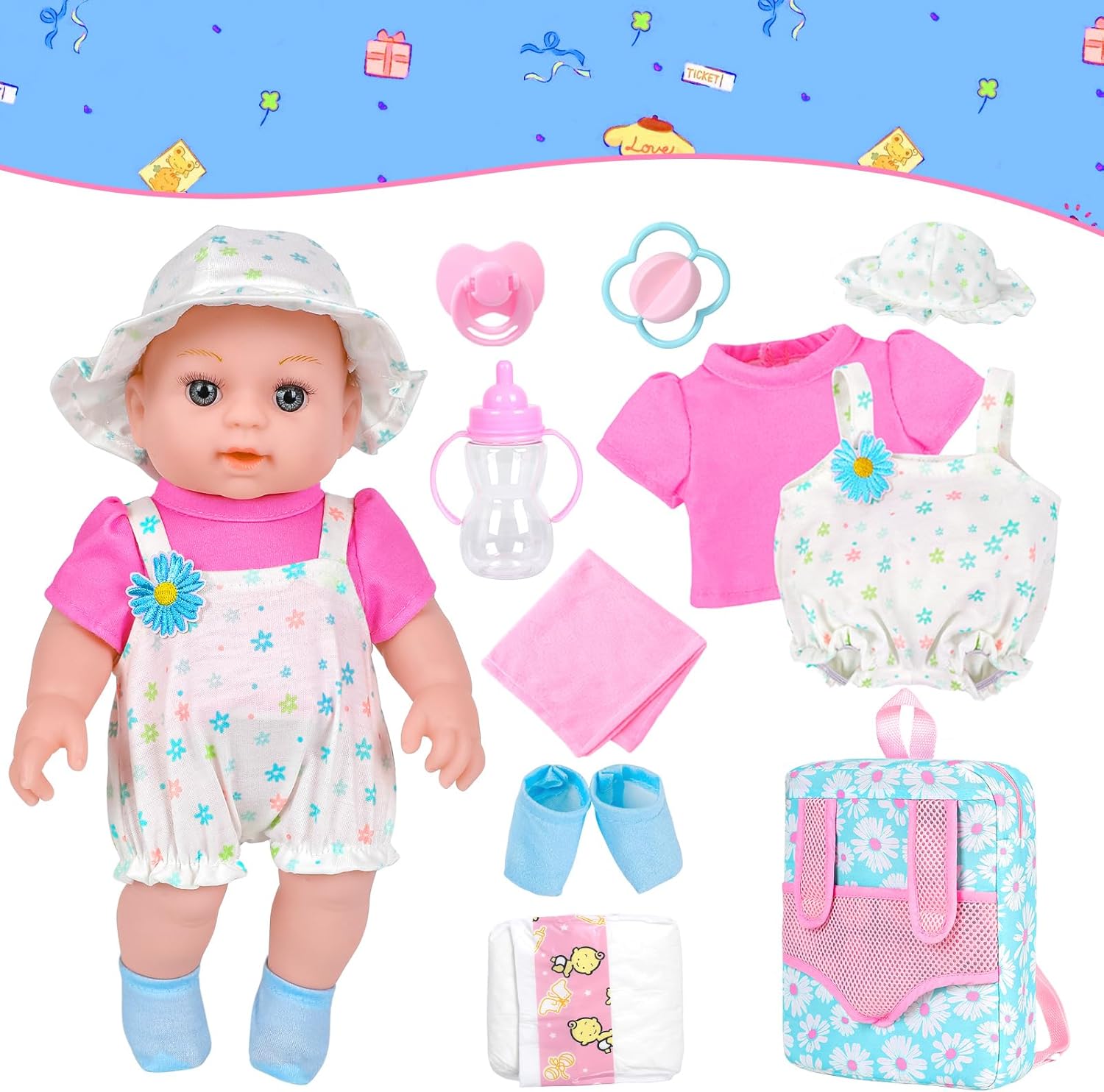 12" Girls Baby Doll Daisy Theme Backpack Carrier Playset and 12" Girl Baby Dolls Care Playset Bundles Item