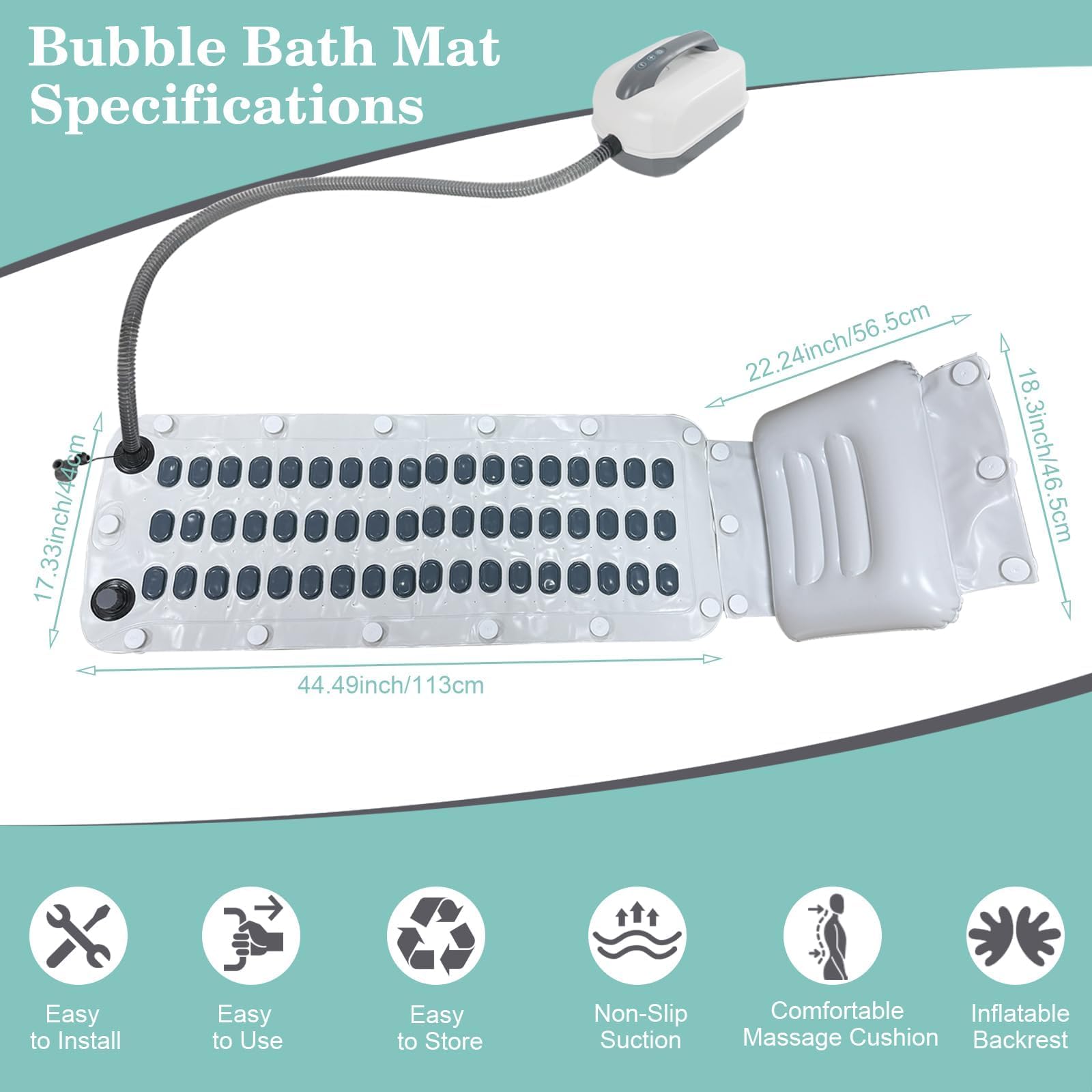 Tapis de bain électrique à bulles portable avec bulles réglables, design antidérapant et ventouses