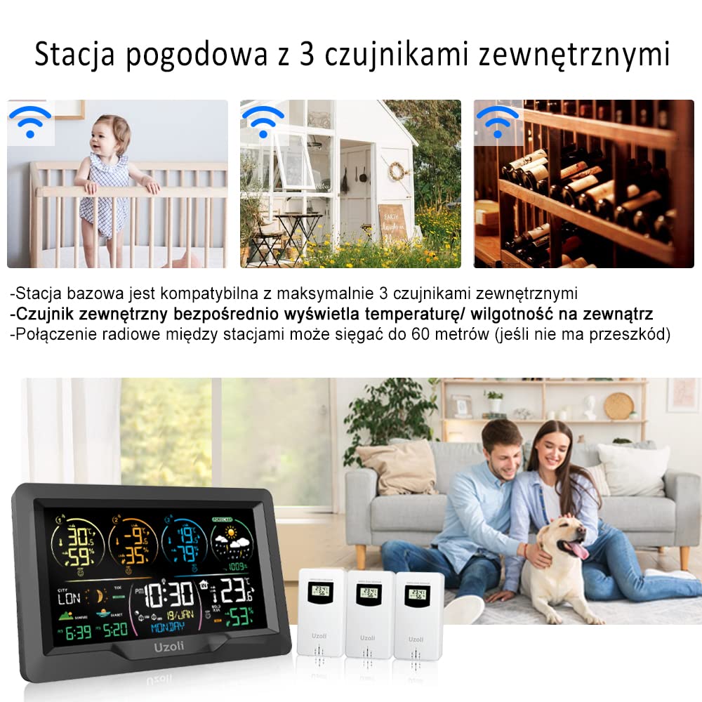 Uzoli Radiowa stacja pogodowa z 3 czujnikami zewnętrznymi, zegar radiowy, kolorowy wyświetlacz, prognoza pogody, termometr, ciśnienie powietrza, wschód i zachód słońca, pływy i fazy księżyca
