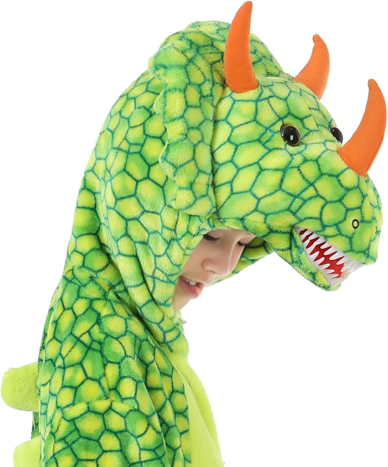 Kids Dinosaur Onesie Costume for Boys and Girls Green Triceratops Costume for Halloween Dress-up Party Cosplay(4-14Y) - Image 3