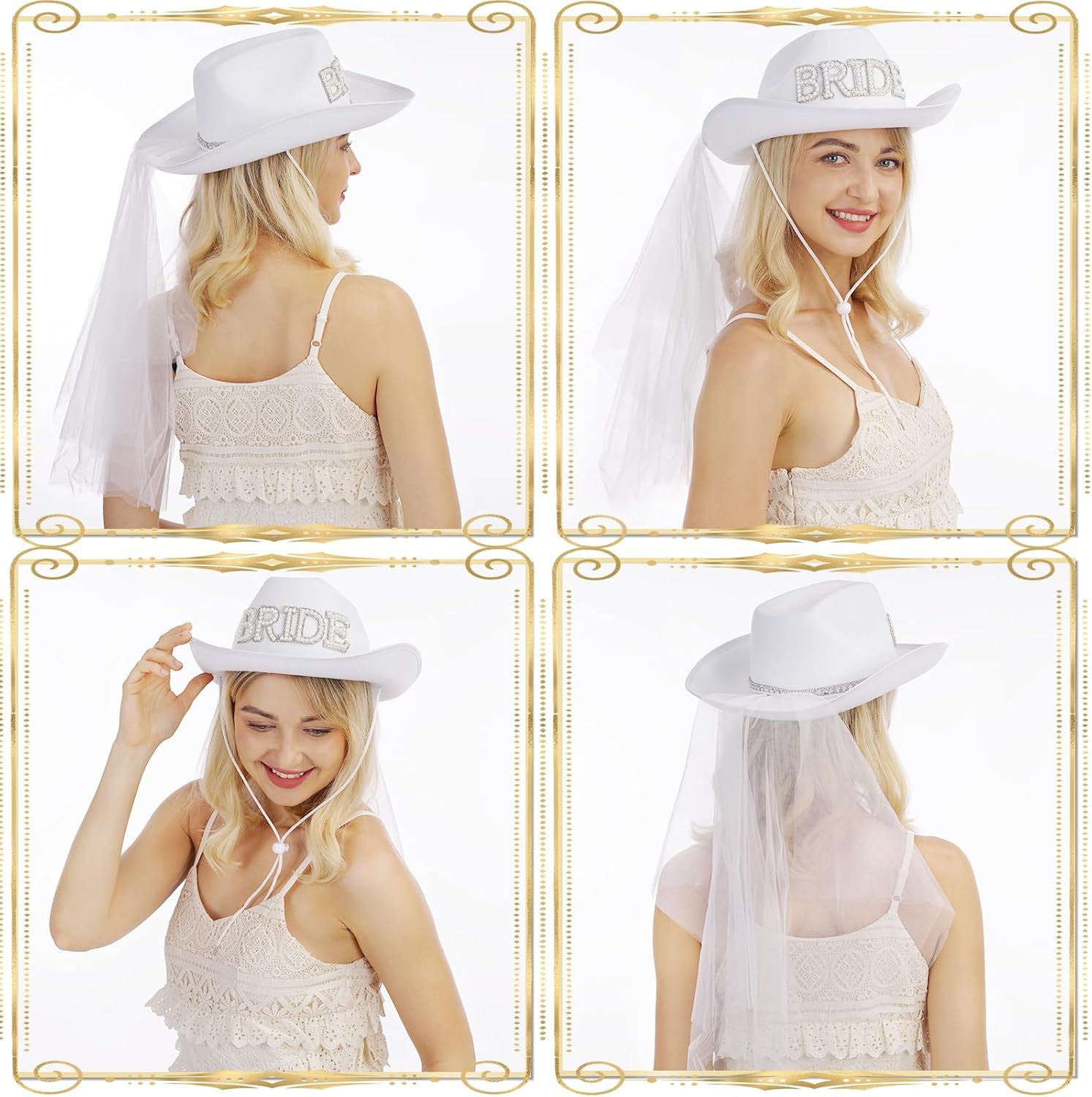 quescu Bridal Cowgirl Hat for Bachelorette Party,Rhinestone White Cowboy Hat for Women Bride To Be Gift,Halloween Costume - Image 4